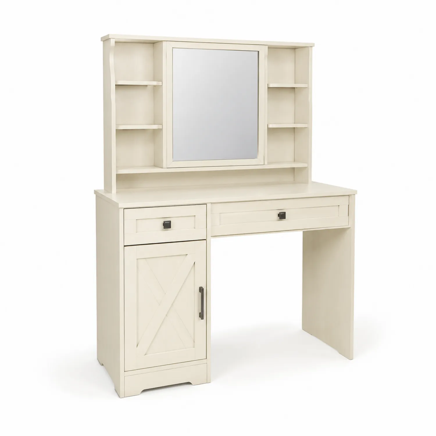 Tavolo da Toilette con Specchio e Mensole in Legno MDF Bianco