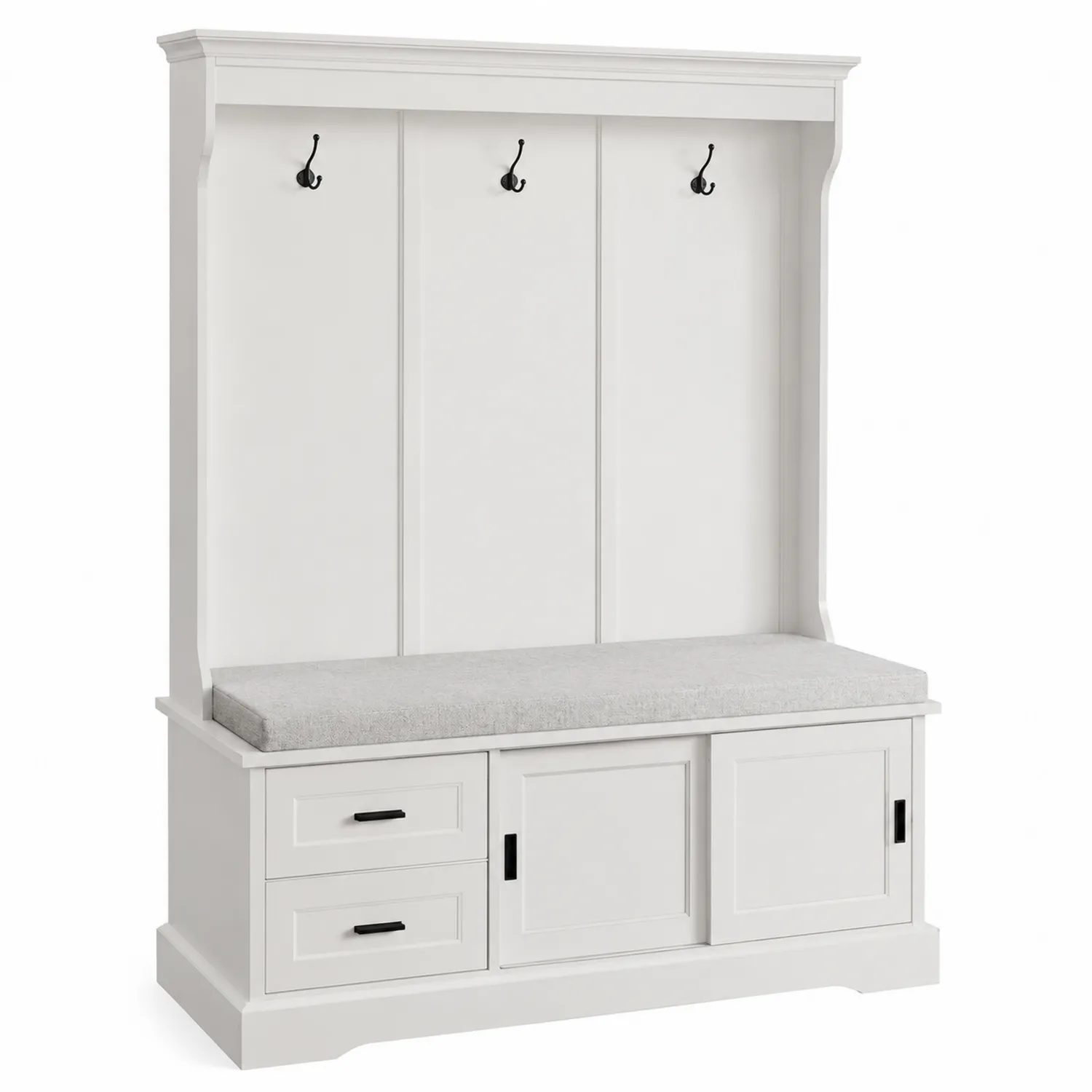 Appendiabiti in legno con seduta in tessuto grigio