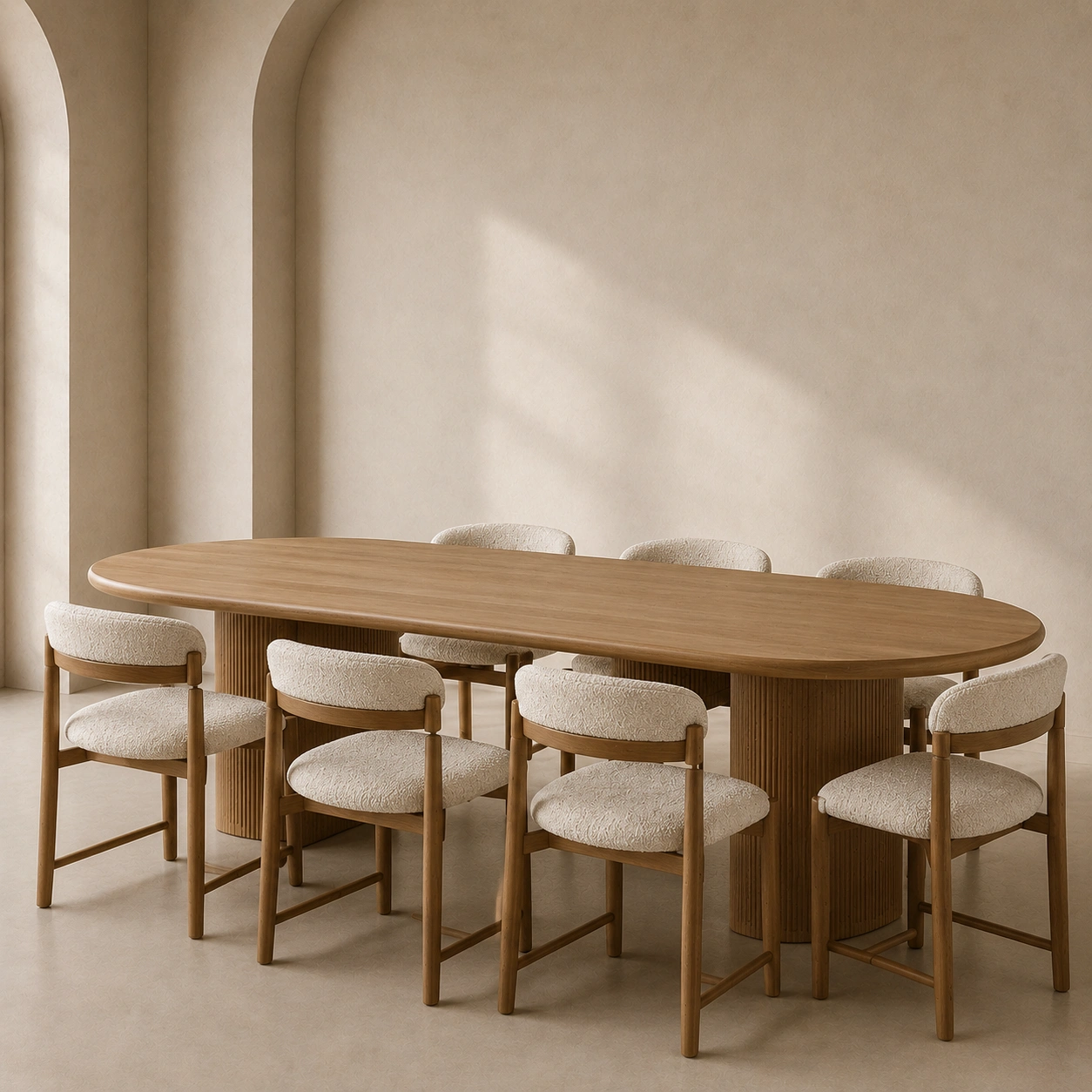 Ovaler Holz Esstisch mit Boucle Stuehlen
