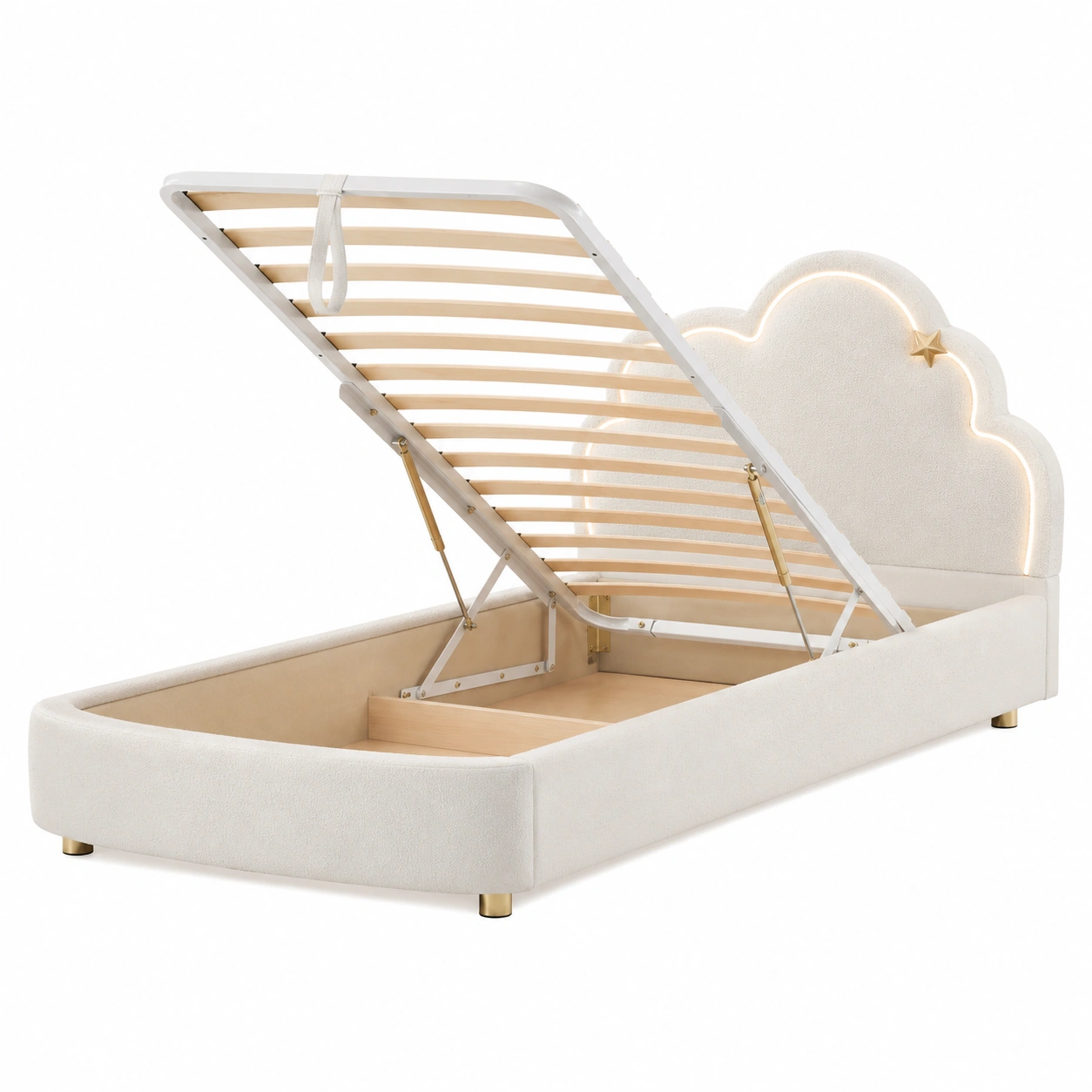 Cama Infantil Tapizada con Somier Elevable y Cabecero de Nube LED-Cozynto
