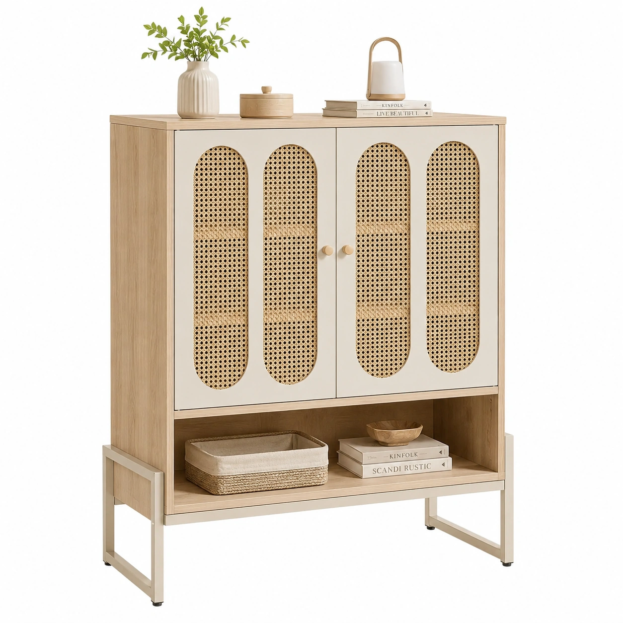Aparador alto de madera y ratán con puertas crema-Cozynto