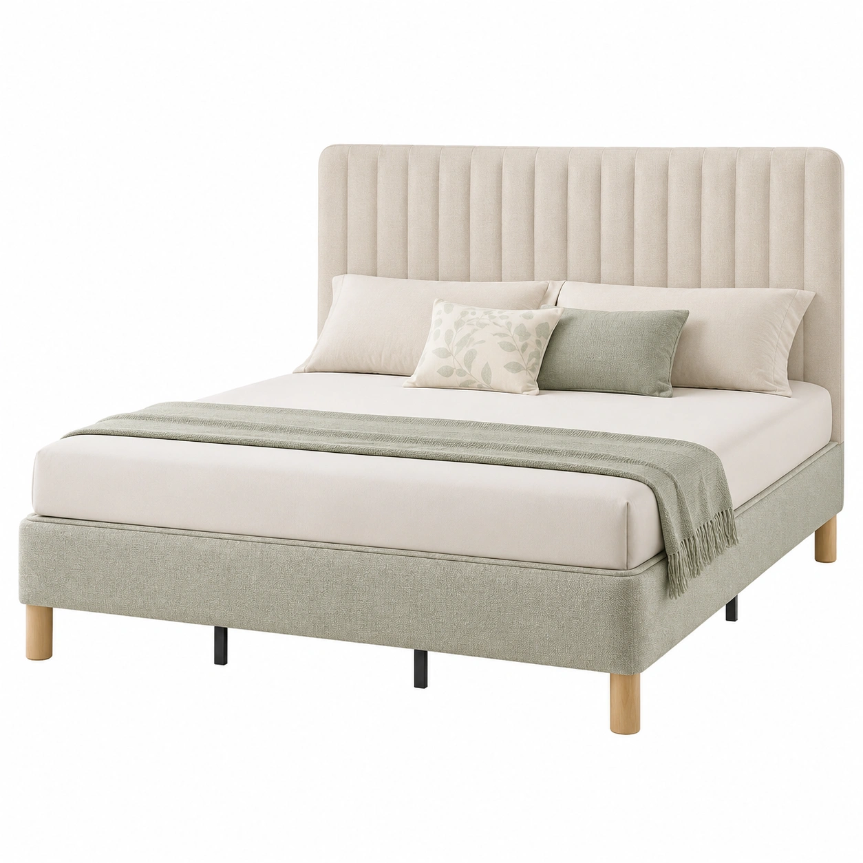 Cama tapizada beige con cabecero vertical-Cozynto