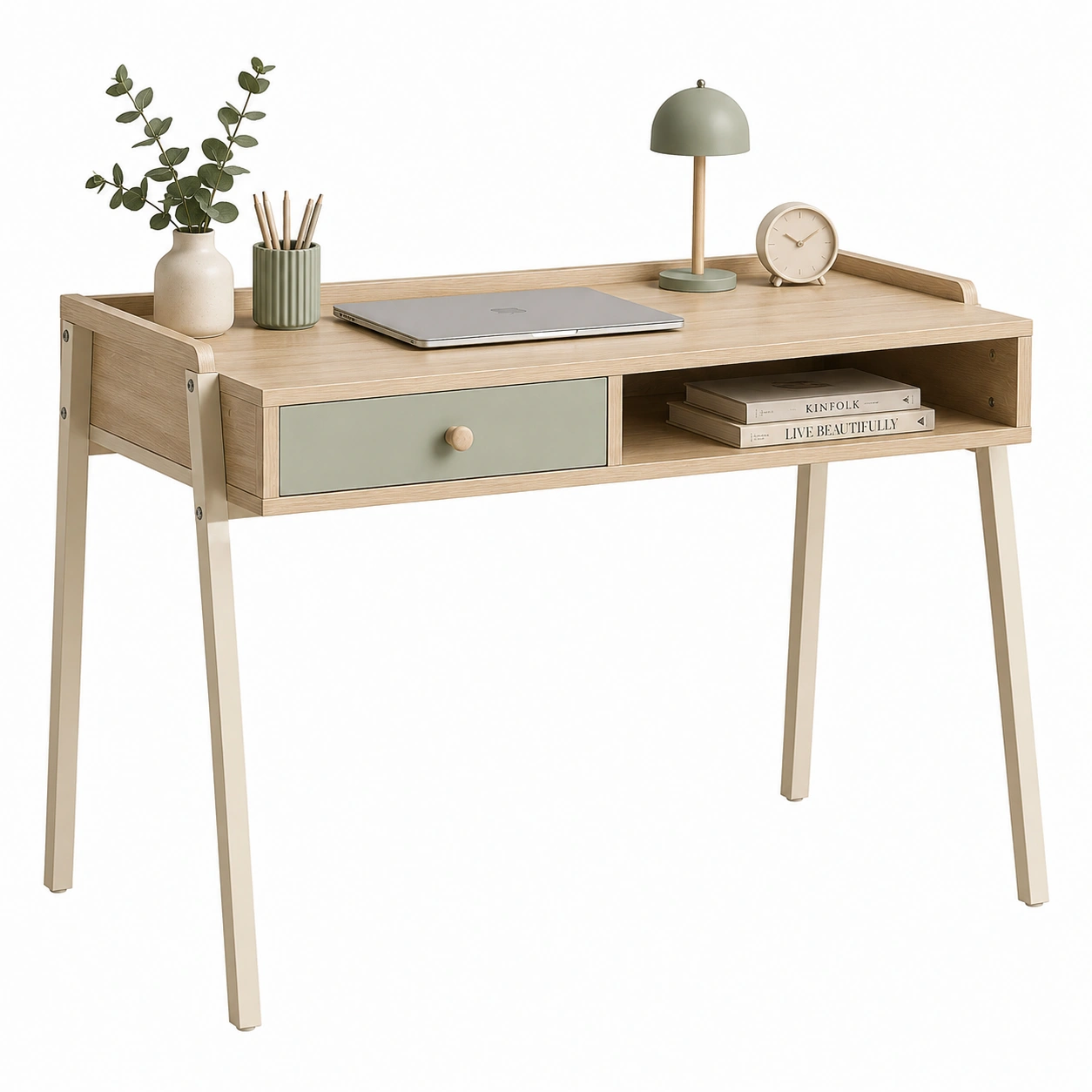 Escritorio nordico de madera con cajon verde salvia-Cozynto