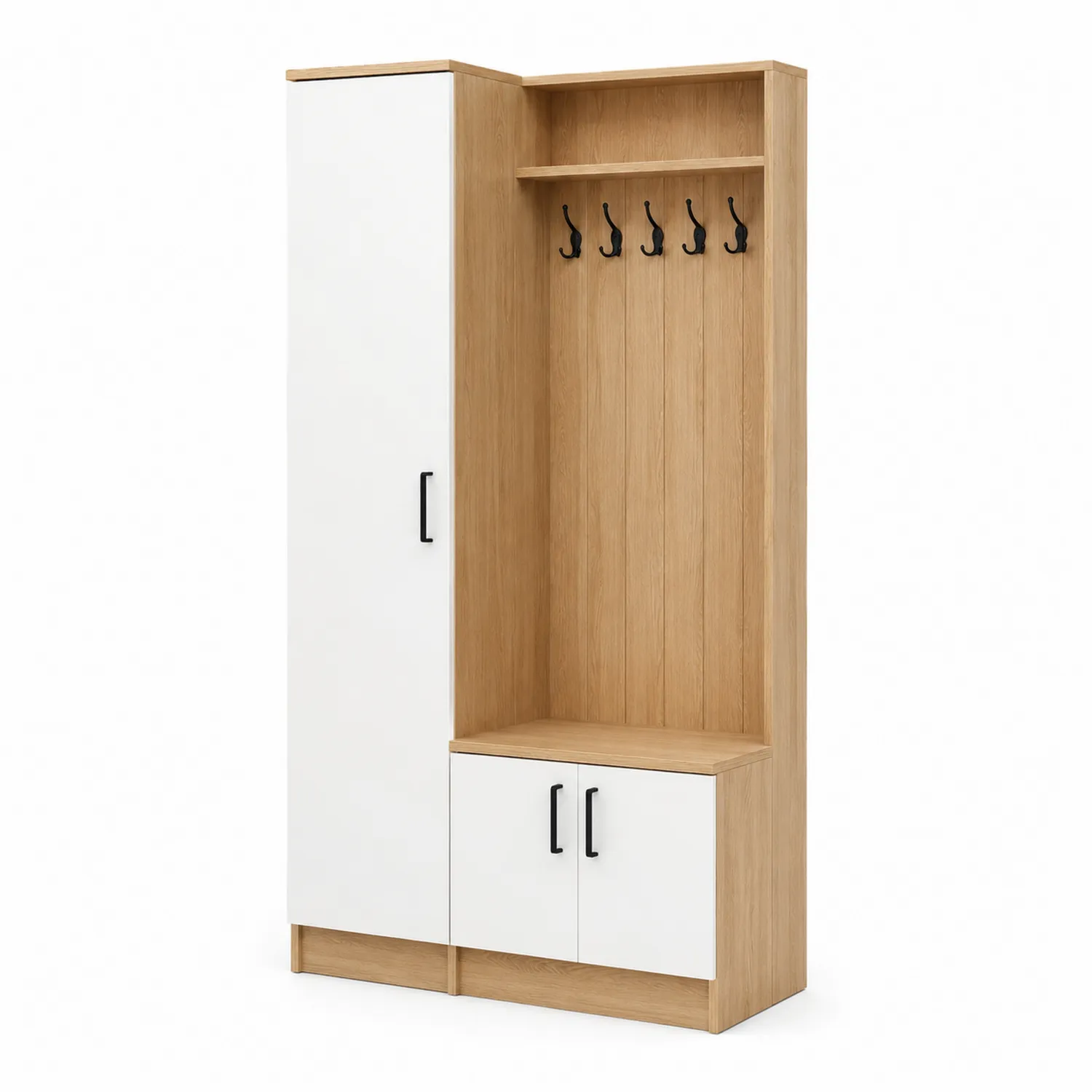 Wieszak z półką i szafką z drewna i płyty laminowanej Biały/Dąb
