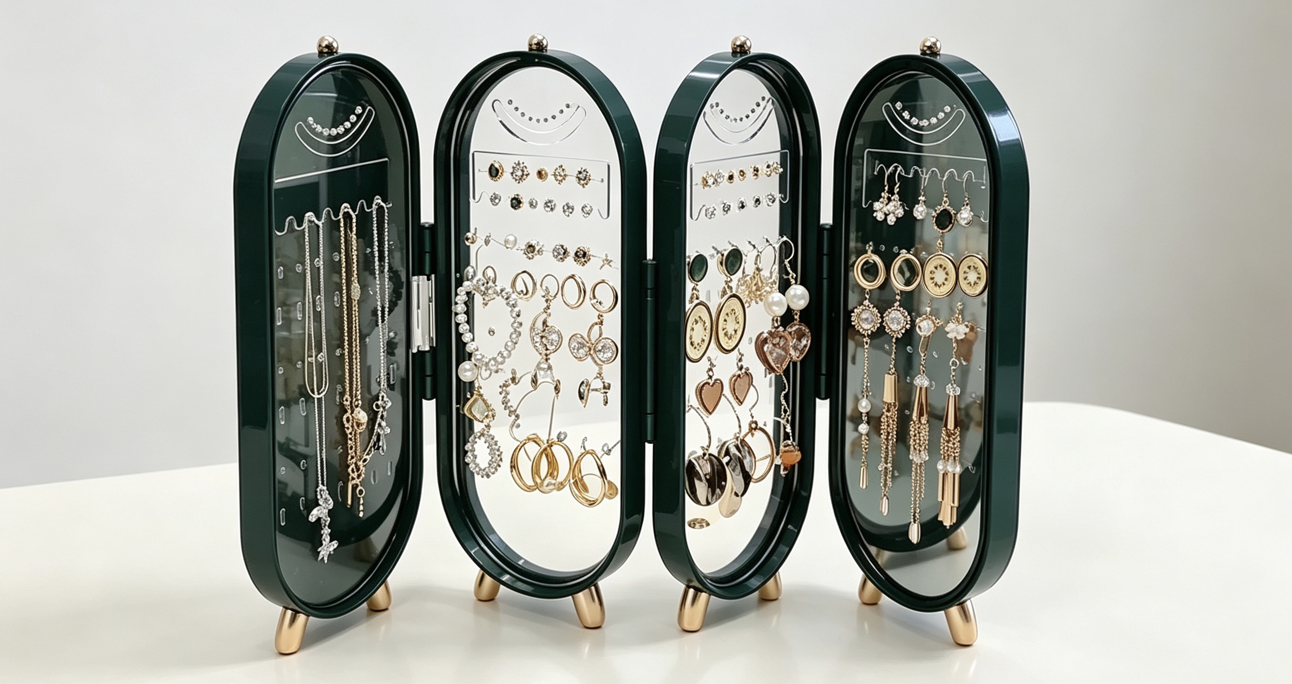 Suggested image: close-up of the earring panel filled with organized studs, hoops, and drop earrings