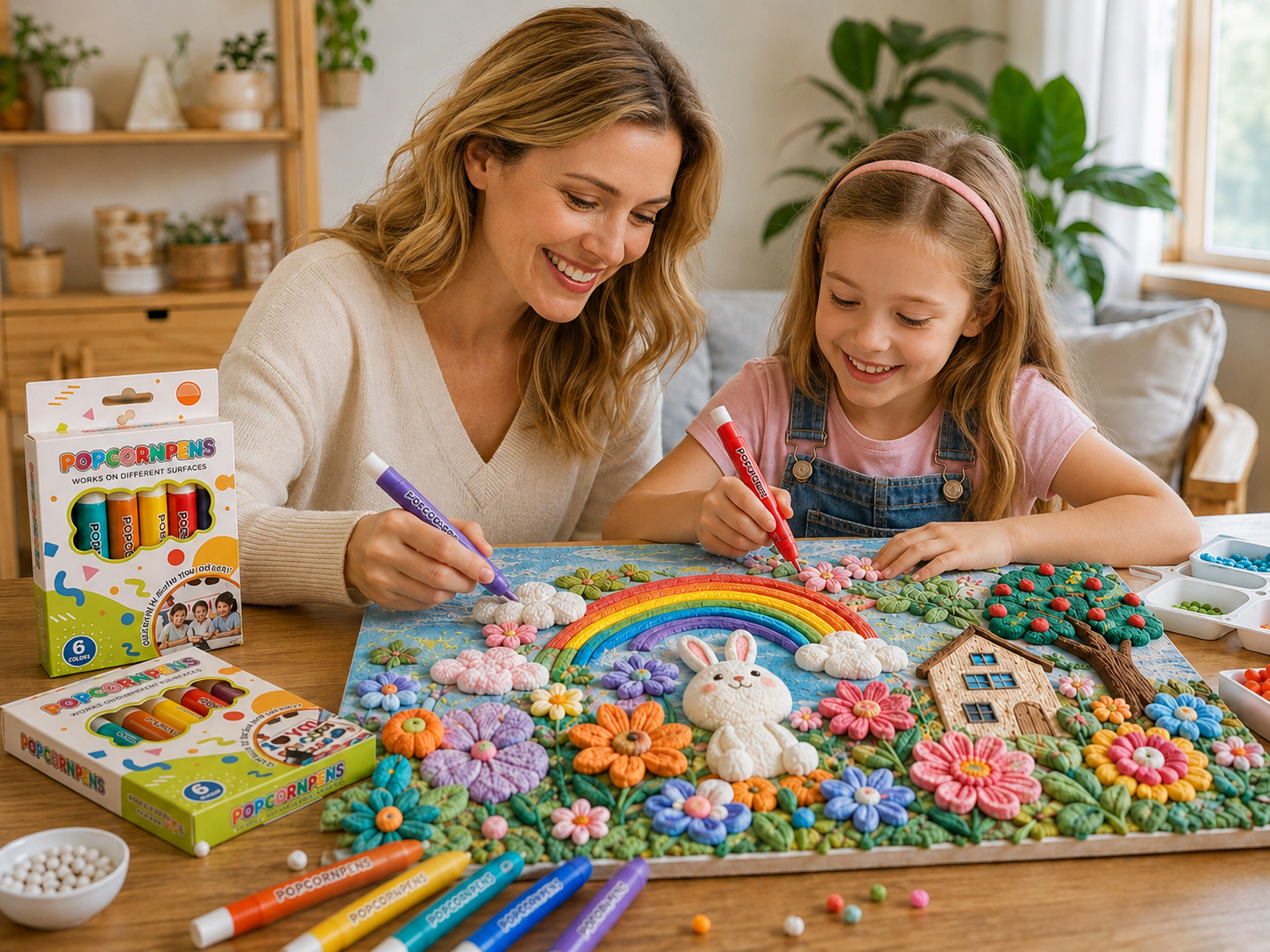 Suggested image: parent and child enjoying a relaxed tabletop 3D art project together in a bright home
