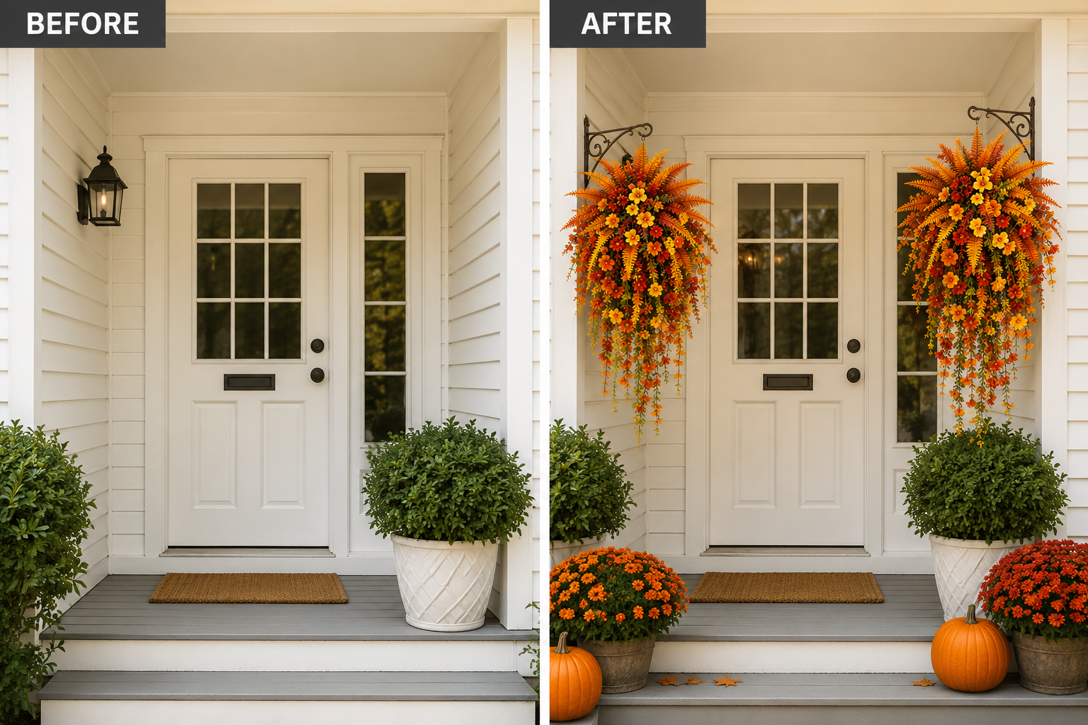 Before-and-after front door comparison, with a plain entry on the left and the artificial fall harvest hanging basket displayed on the right