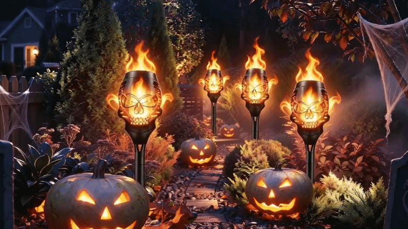 Suggested image: wide nighttime yard scene with skull lights, tombstones, pumpkins, cobwebs, and a dark haunted pathway