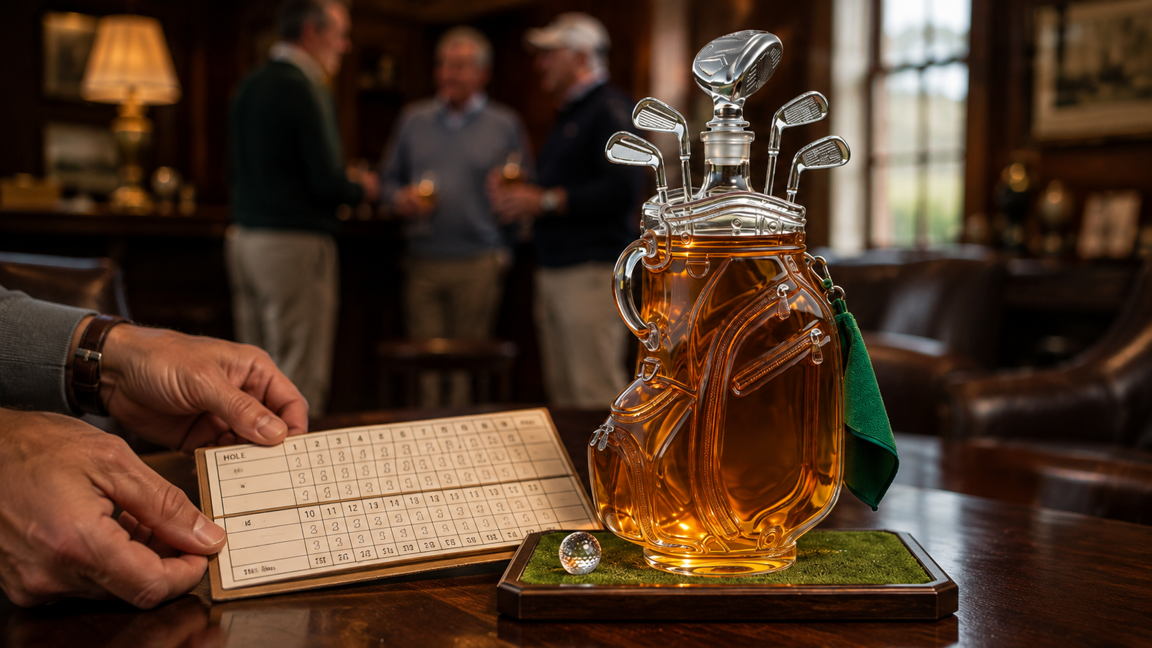 Suggested image: close-up of hands placing golf scorecards beside the exact decanter while adult golfers talk in the softly blurred background