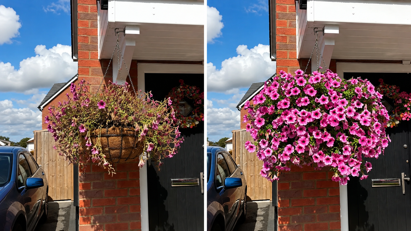 Dry, sparse planter next to a full artificial petunia planter for comparison