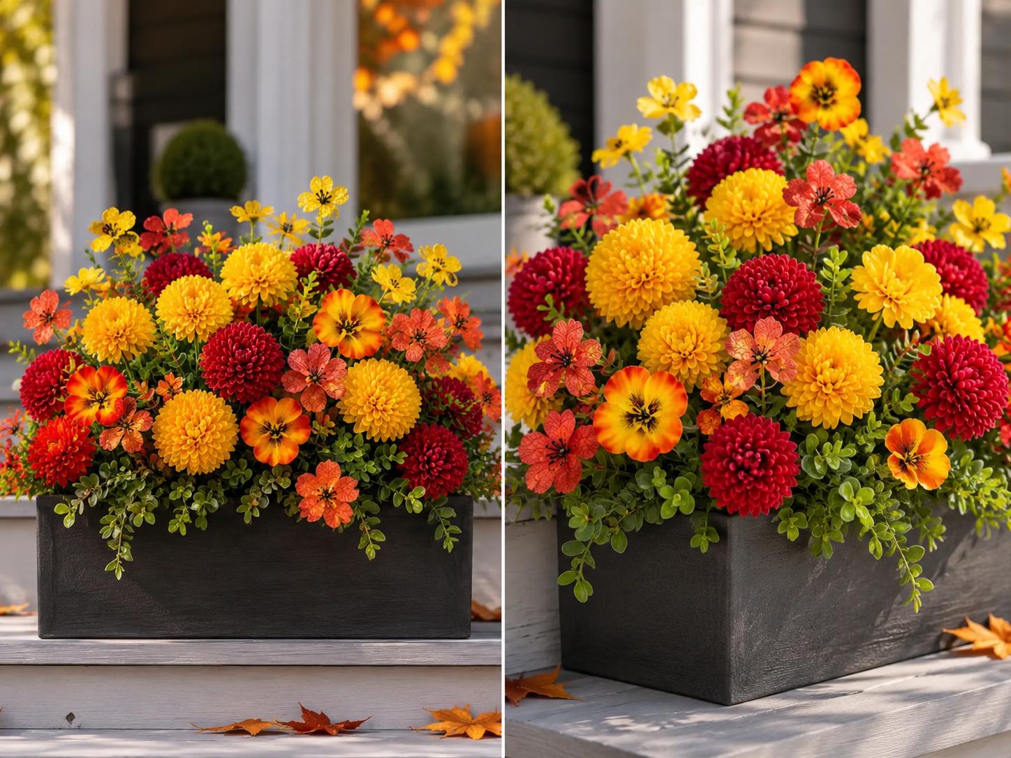 Close comparison showing layered flower heights and varied bloom shapes inside one outdoor planter