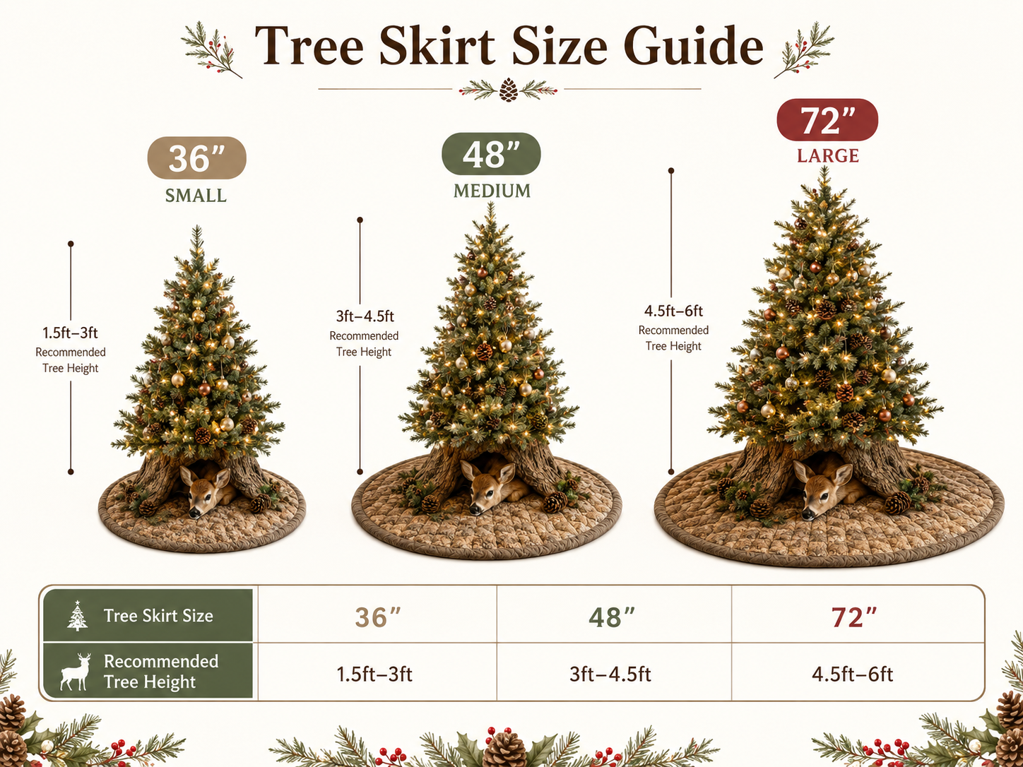Suggested image: size comparison graphic showing 36-inch, 48-inch, and 72-inch round tree skirts beneath small, medium, and large Christmas trees