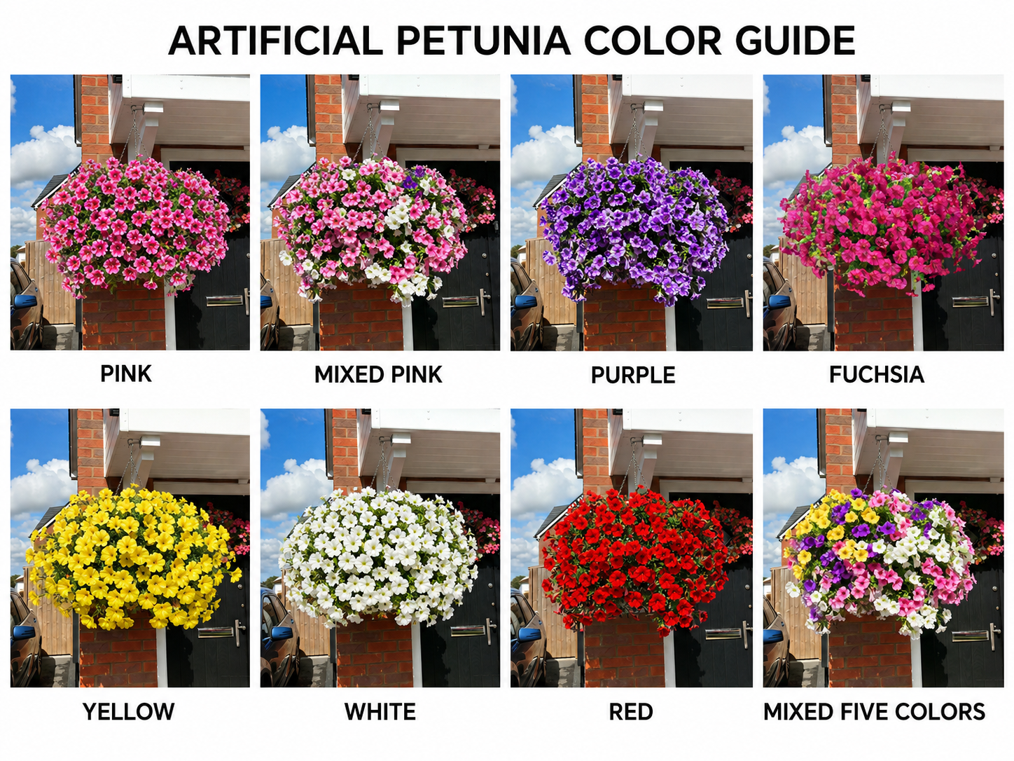 Color guide showing pink, mixed pink, purple, fuchsia, yellow, white, red, and mixed five-color artificial petunias