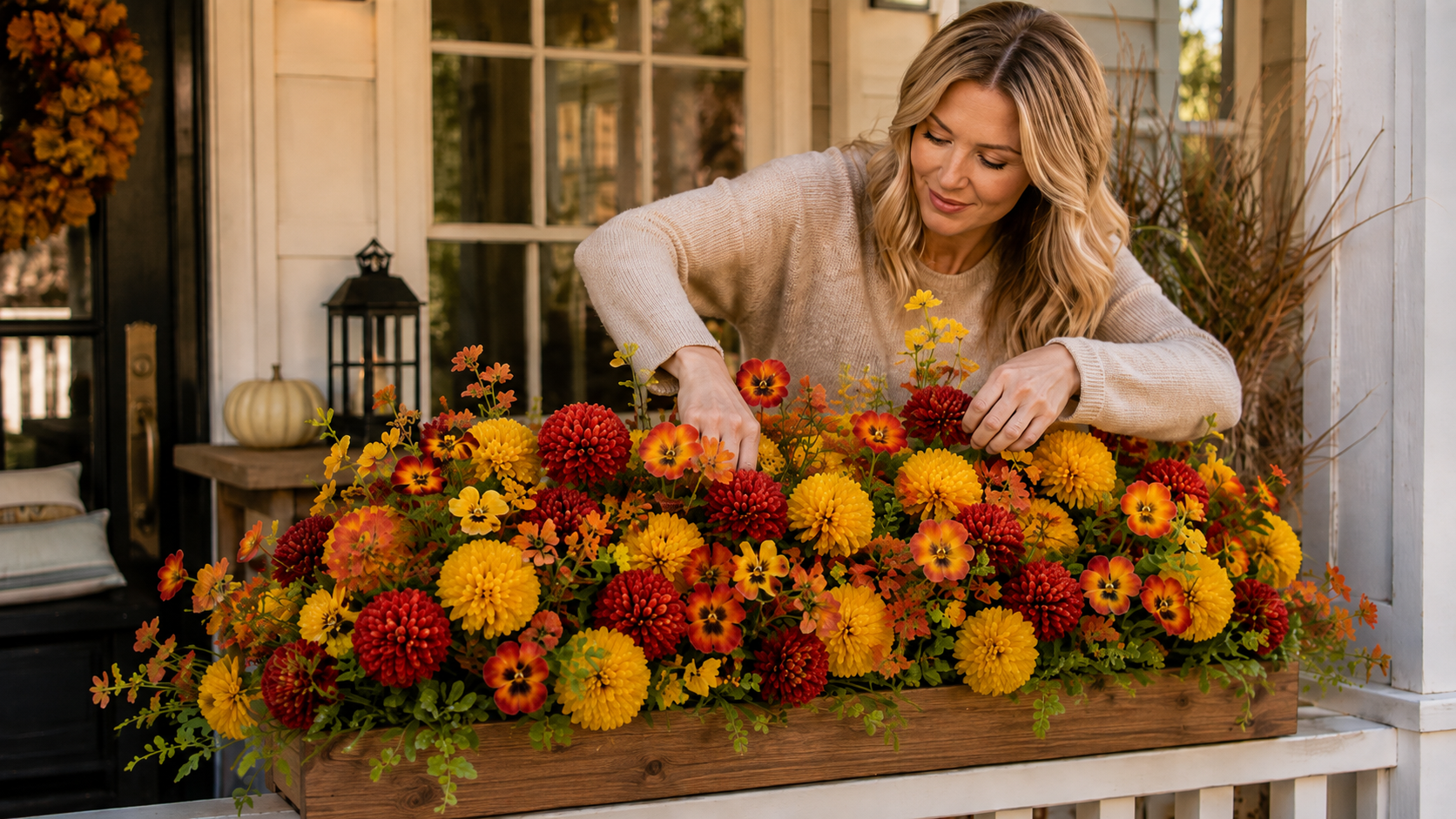 Outdoor decor expert arranging mixed-height artificial fall flower stems in a porch planter