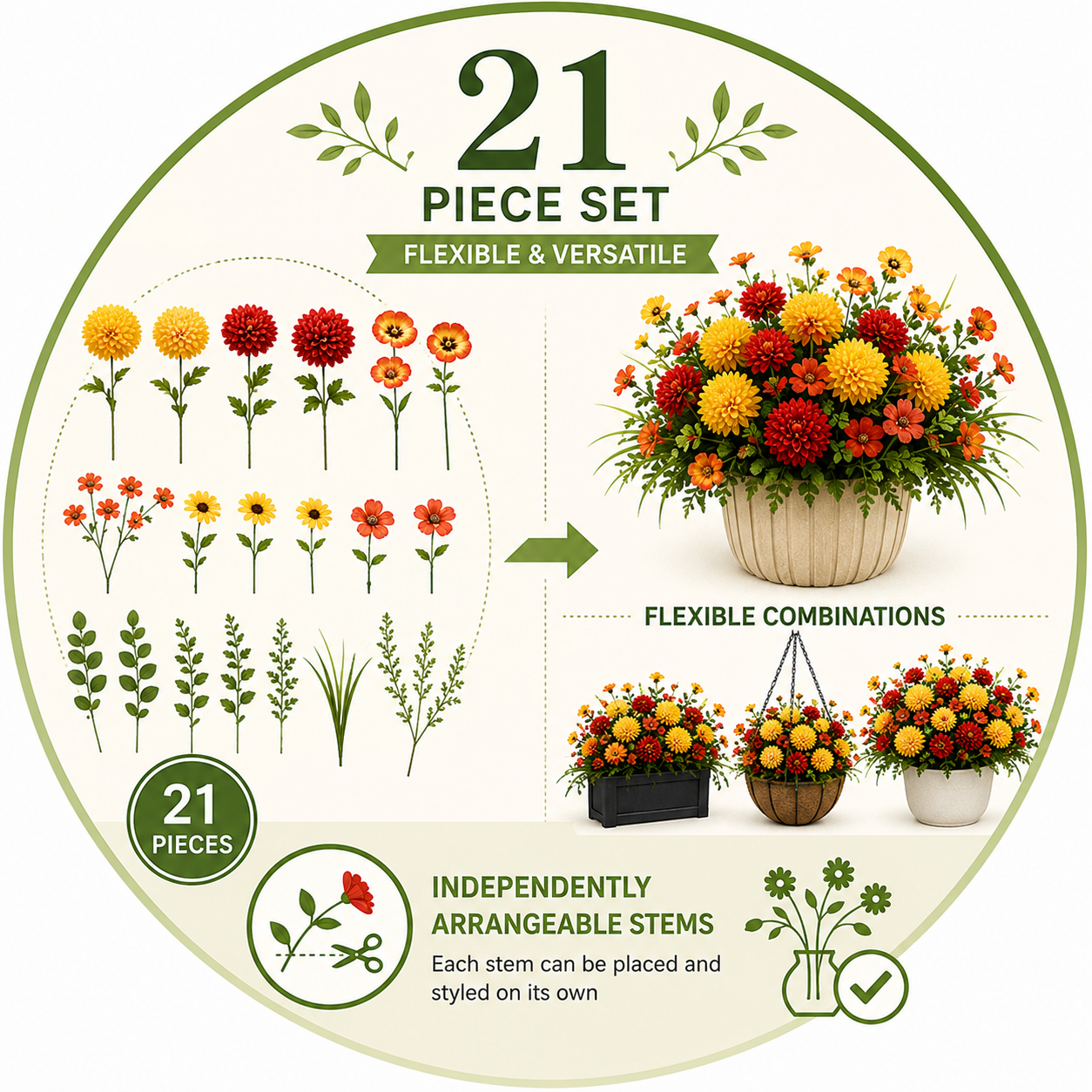 Icon illustrating a flexible 21-piece flower set with independently arrangeable stems
