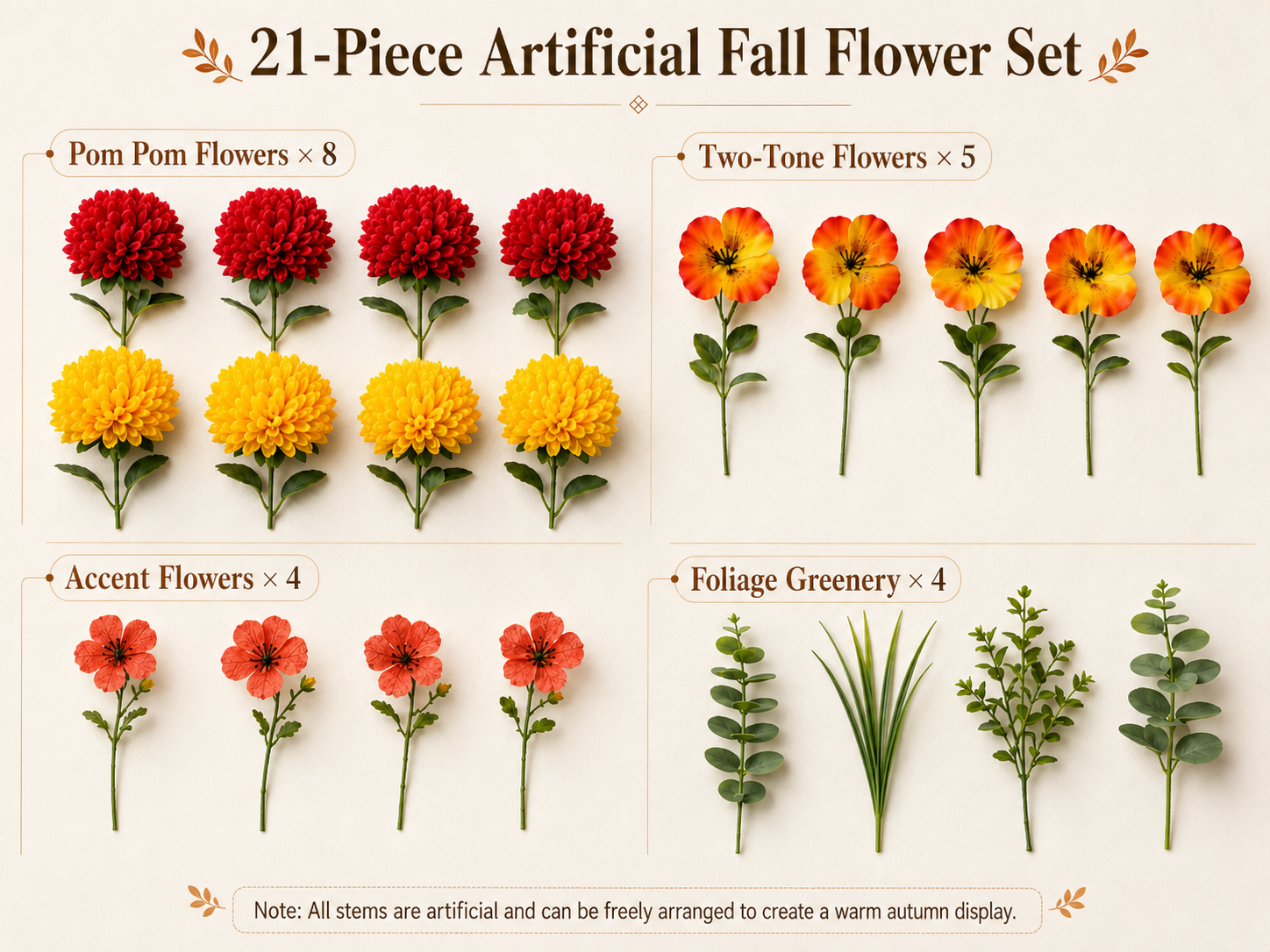 Labeled flat-lay showing all 21 artificial flower pieces, including pom-pom blooms, two-tone flowers, accent blooms, and greenery