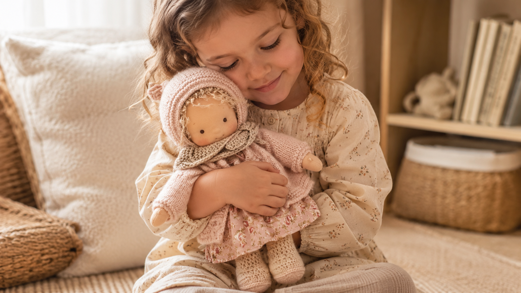 Suggested image: twelve-inch doll shown in a child’s arms for clear size reference