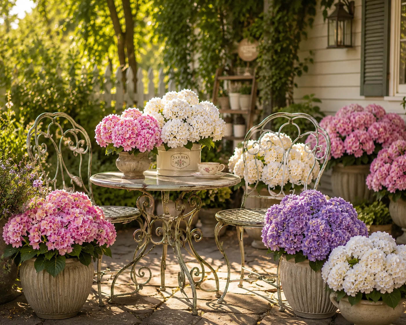A patio table and garden corner decorated with realistic outdoor artificial hydrangeas