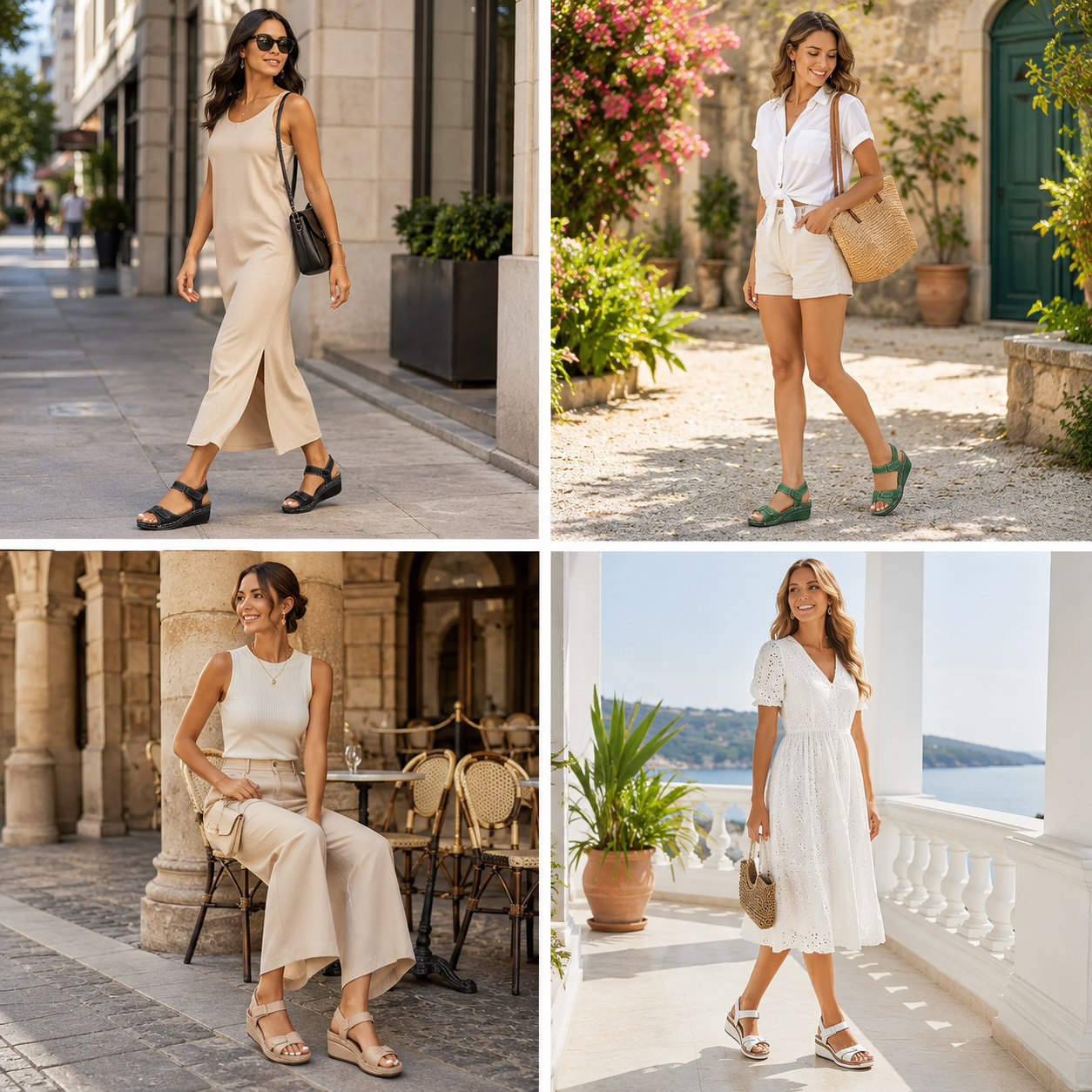 Suggested image: outfit collage showing SEVINQ sandals paired with a summer dress, shorts, trousers, and casual denim