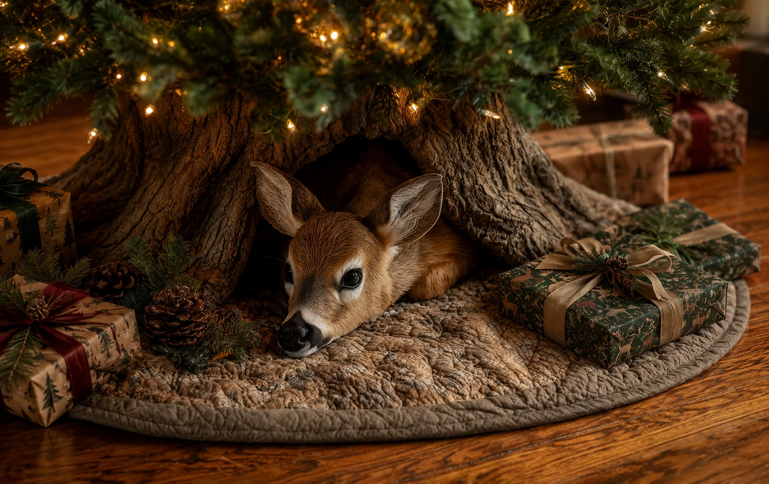 Suggested image: the same Christmas tree after adding the Vintage Deer Quilted Tree Skirt and wrapped presents