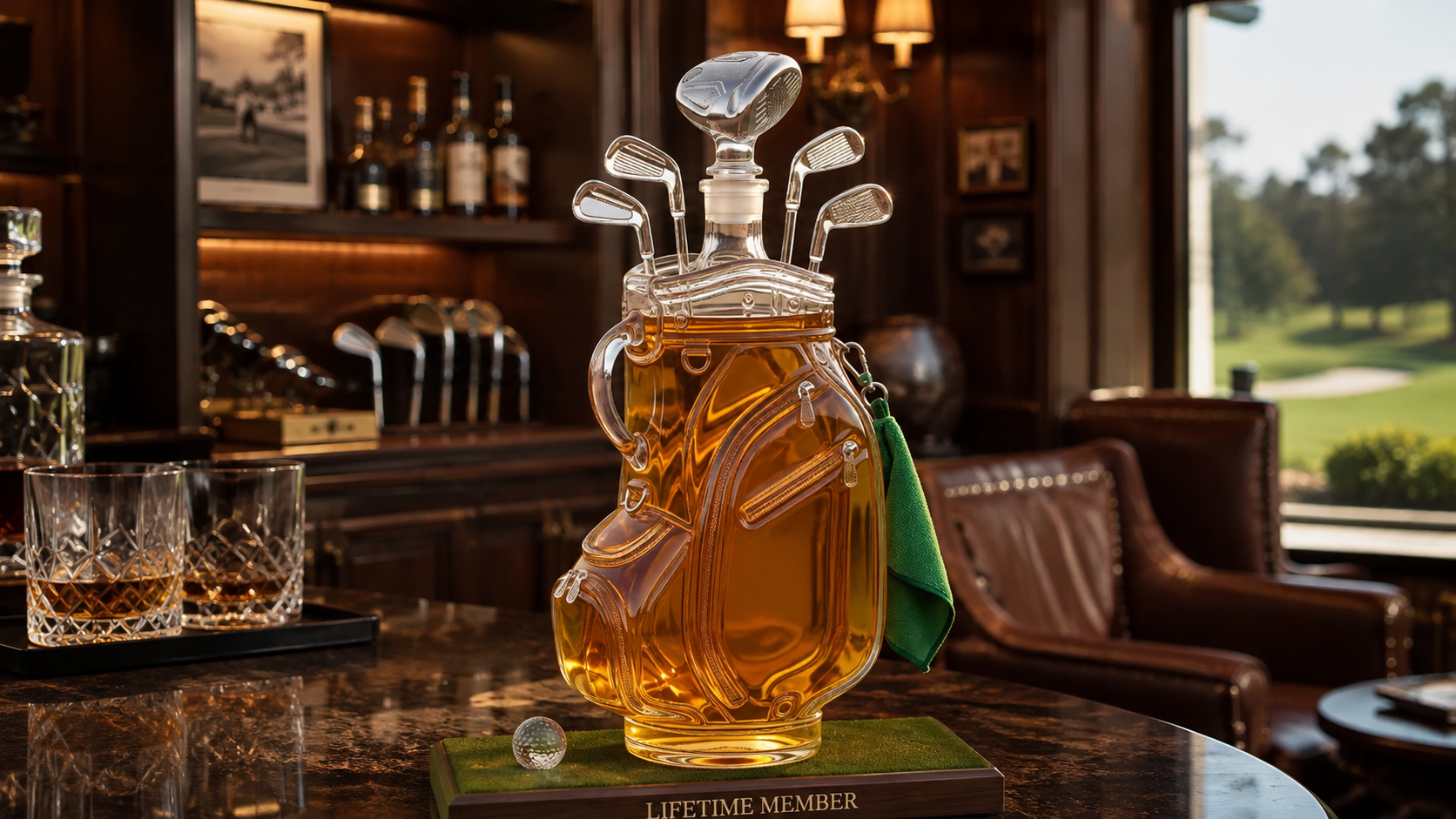 Suggested image: wide home-bar or golf-room scene with the exact decanter clearly visible as the main display piece