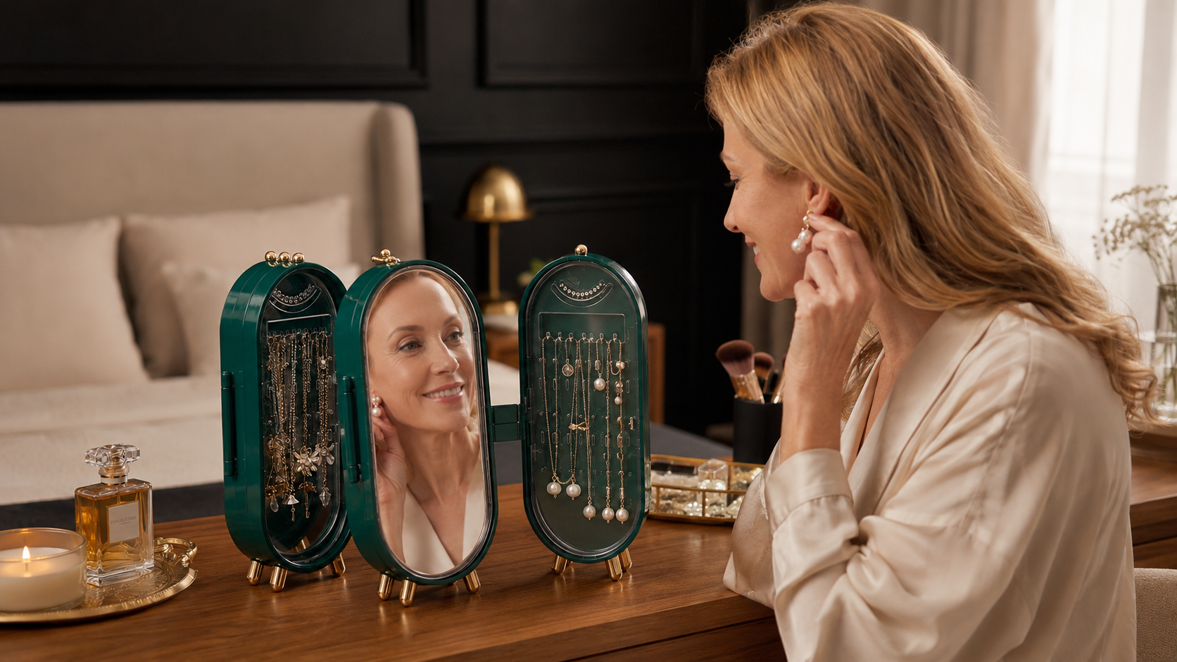 Woman trying on earrings while looking into the built-in mirror of the open AERQUILT jewelry storage box