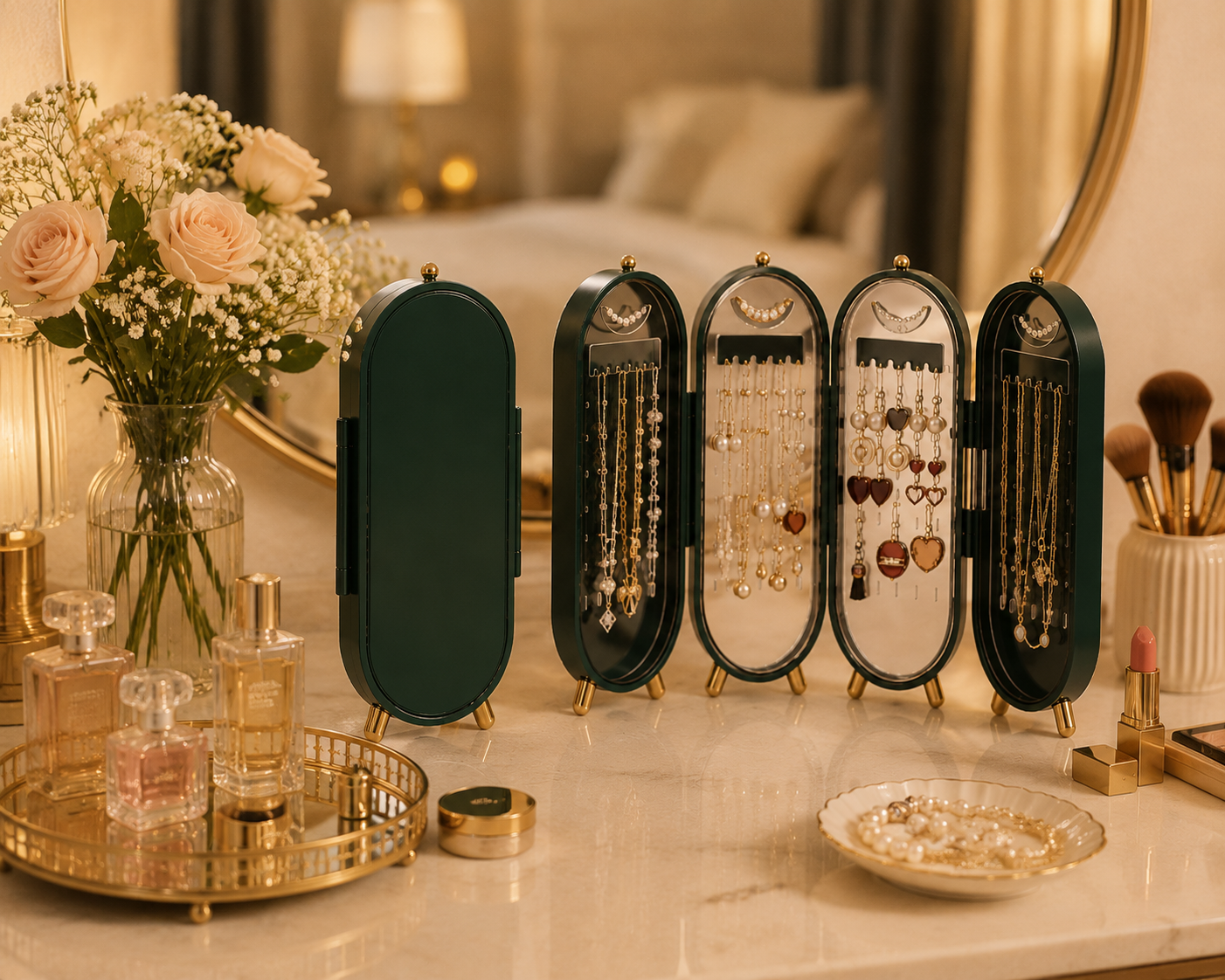 Suggested image: styled vanity scene with the folded organizer beside perfume, makeup, and flowers