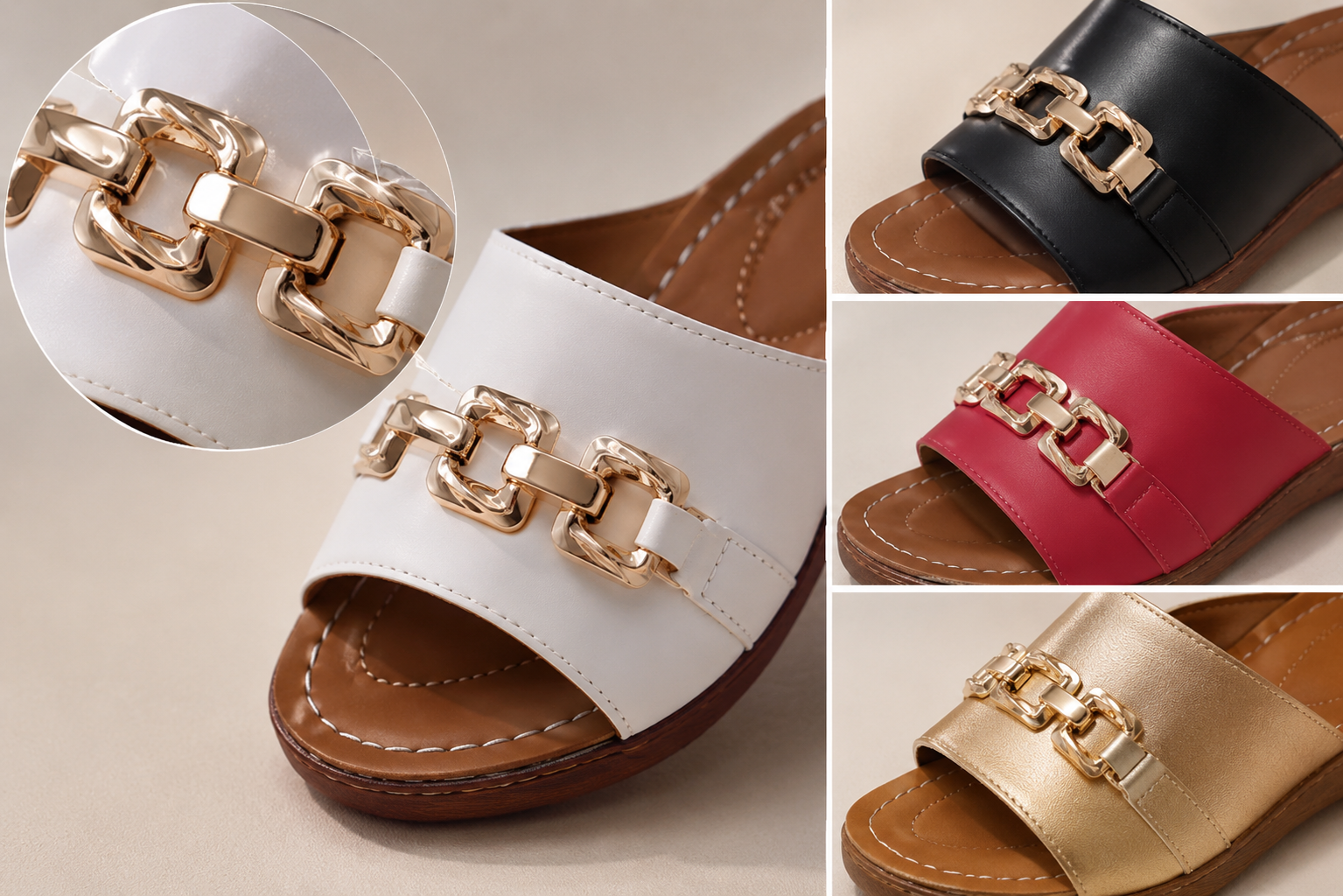 Suggested image: close-up of the metallic buckle detail on black, white, red, orange, and gold mules