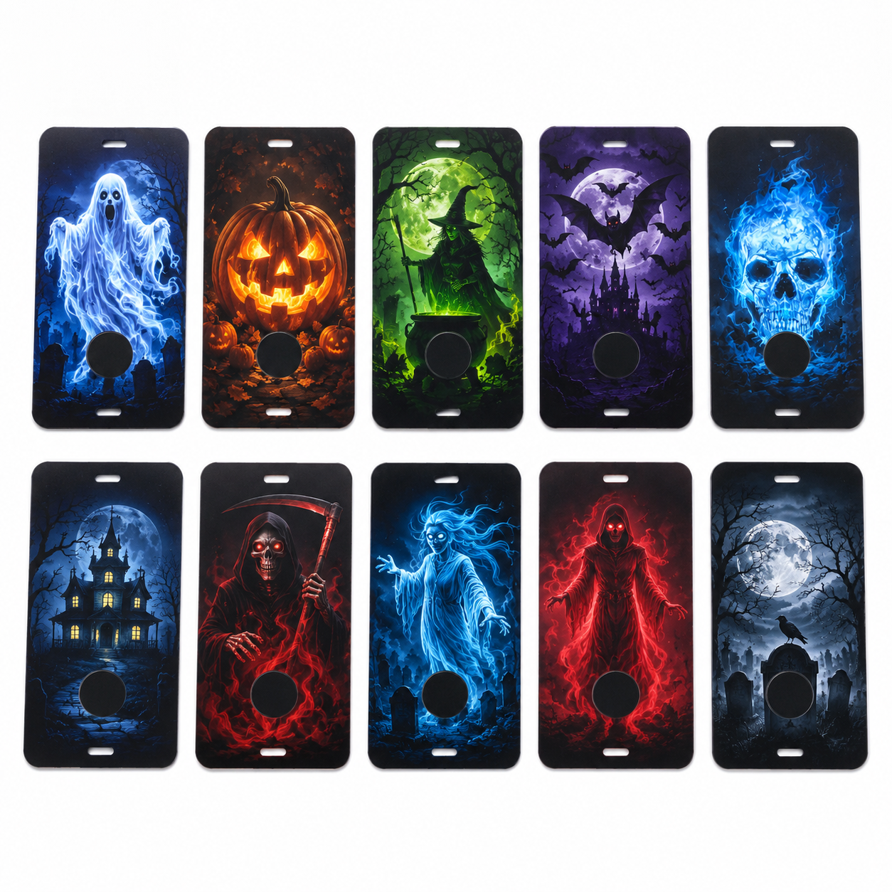Image suggestion: neatly arranged set of 10 distinct Halloween projection pattern cards showing ghosts, pumpkins, witches, bats, skeletons, and haunted houses