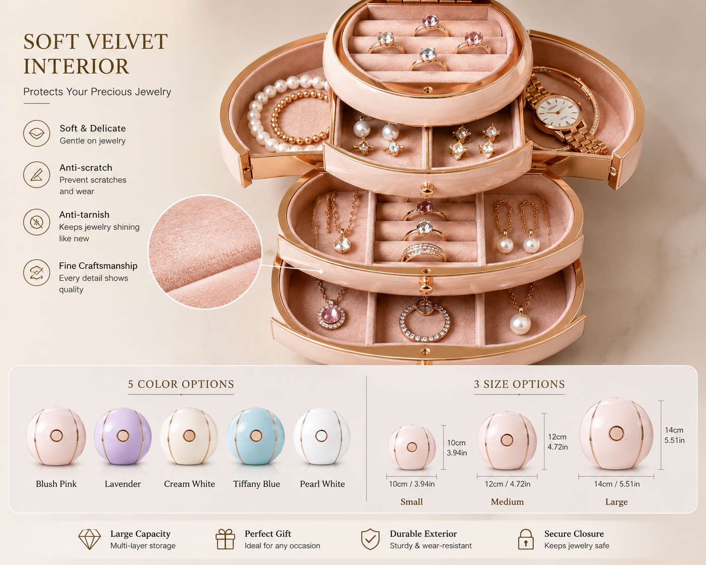 Soft-lined jewellery compartments with available size and colour options
