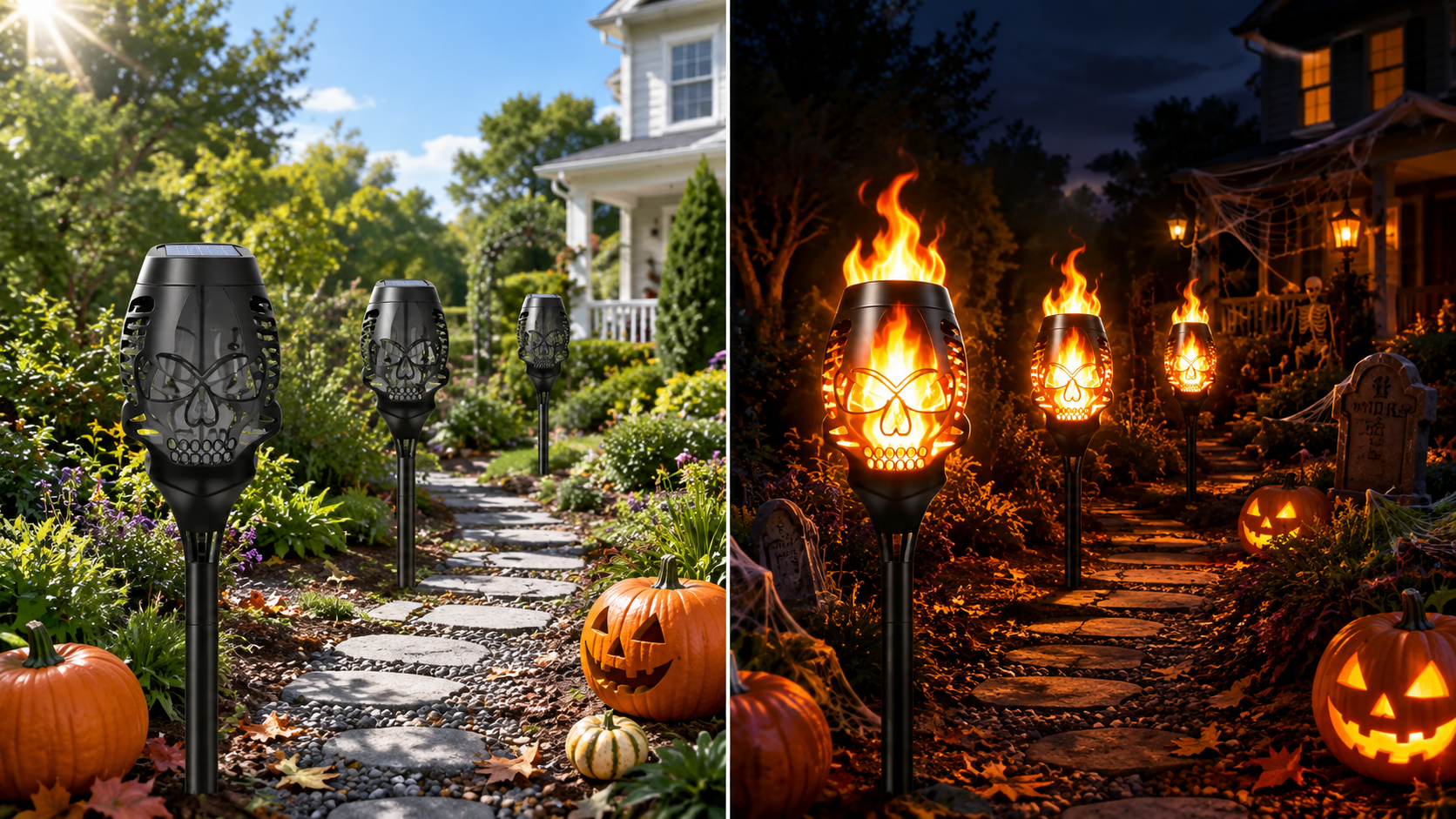 Suggested image: daytime-to-night diagram showing solar charging during the day and automatic skull flame illumination after dark