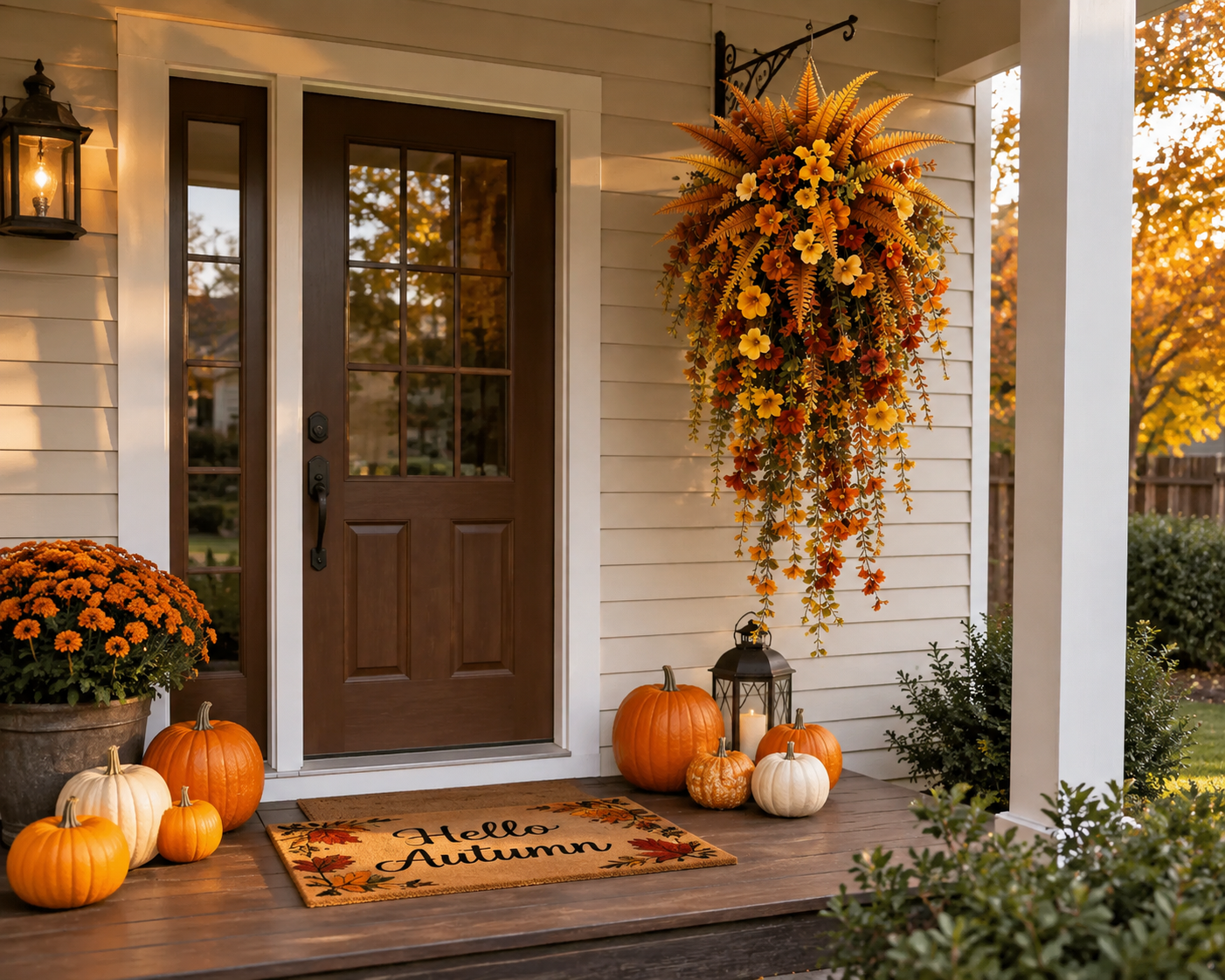 Lifestyle photo showing the hanging basket beside pumpkins, lanterns, and a fall doormat on a residential porch