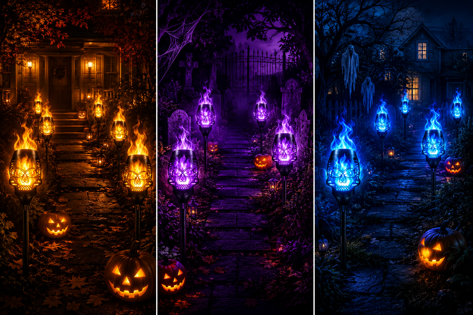 Suggested image: three-scene comparison showing Warm Colors, Purple, and Blue skull flame light options in different Halloween yard themes