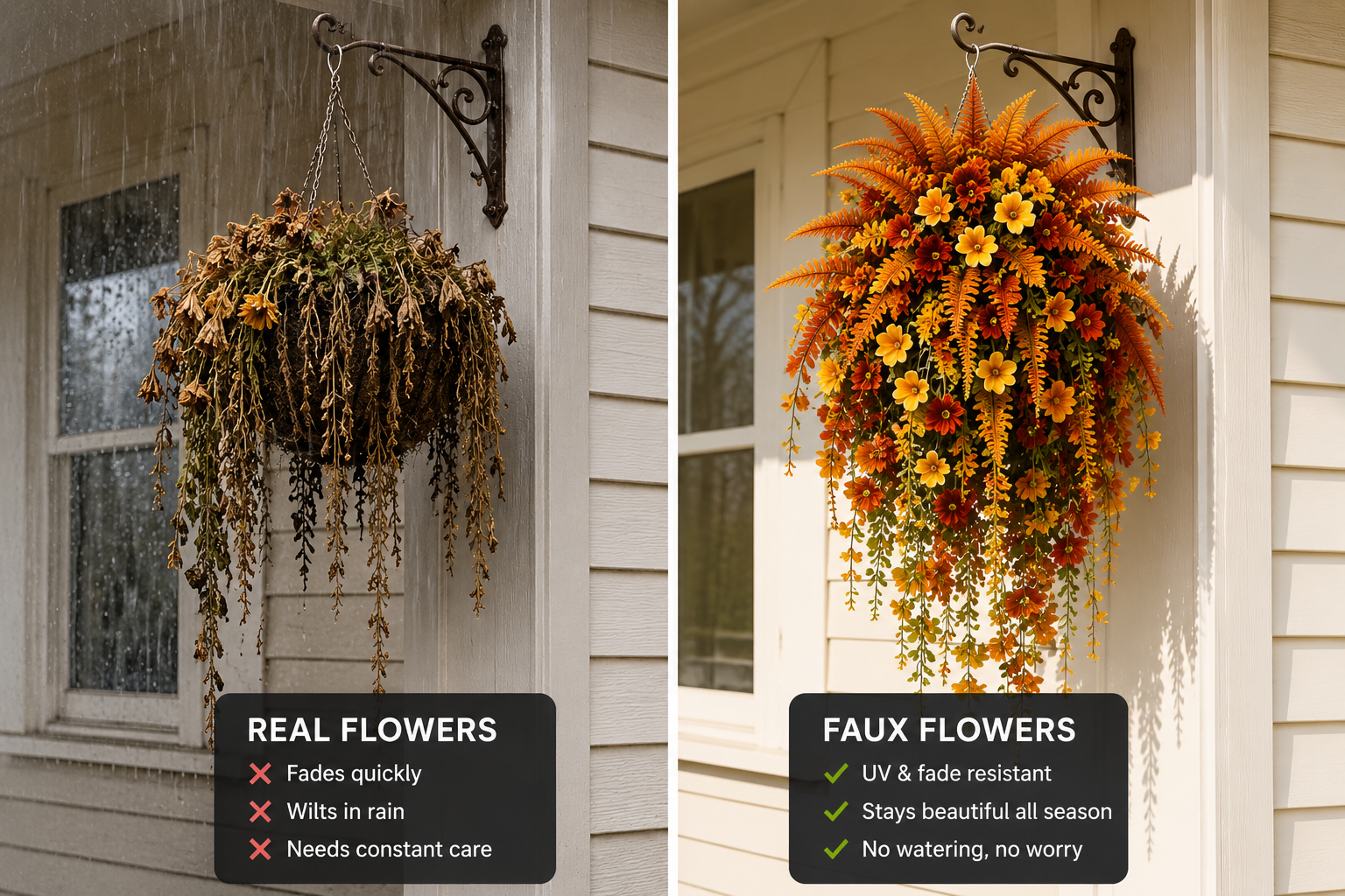 Split scene comparing a wilted live fall hanging basket after sun, wind, and rain with a full artificial arrangement