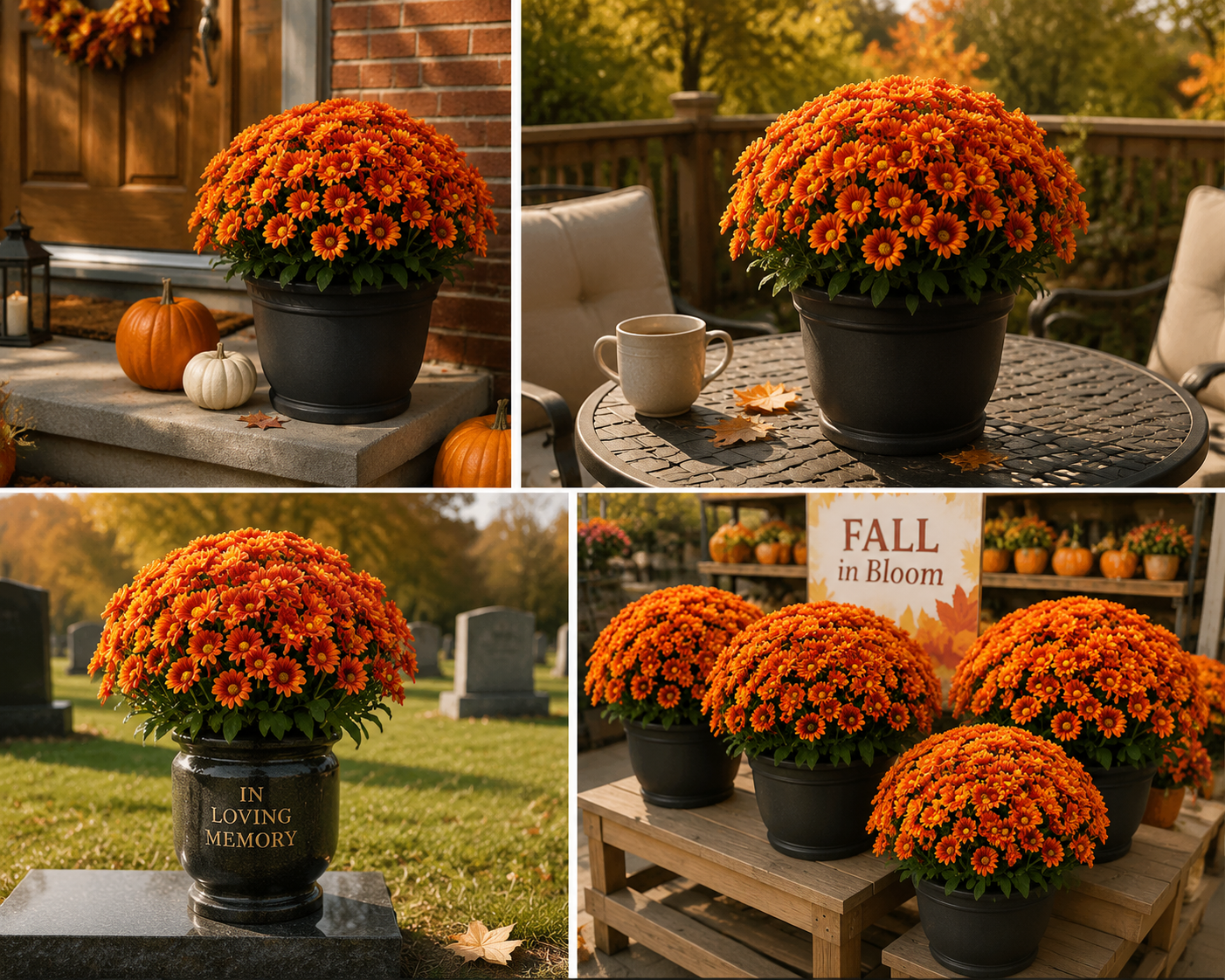 Collage showing artificial mums used on a porch, patio table, memorial vase, and retail fall display