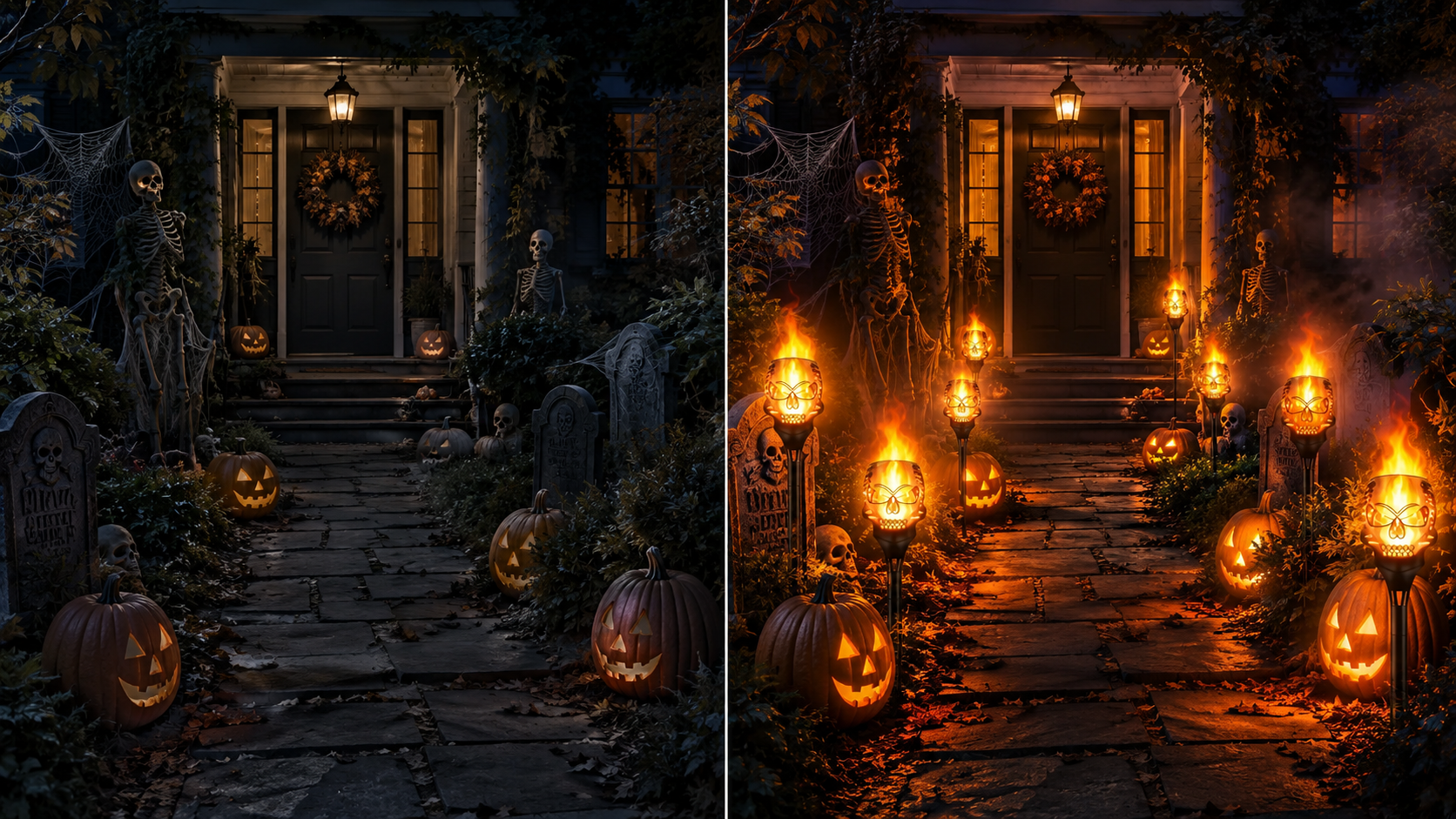 Suggested image: before-and-after nighttime Halloween entrance showing how flickering skull lights add depth around pumpkins and props