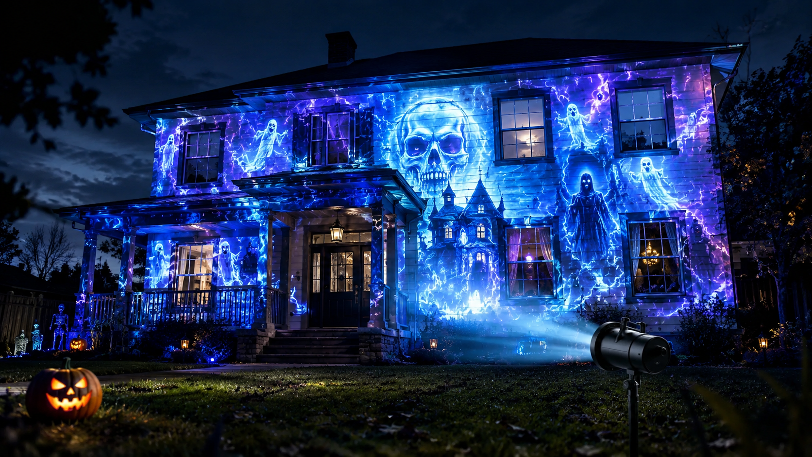 Image suggestion: compact Halloween projector casting a large animated haunted scene across a house exterior