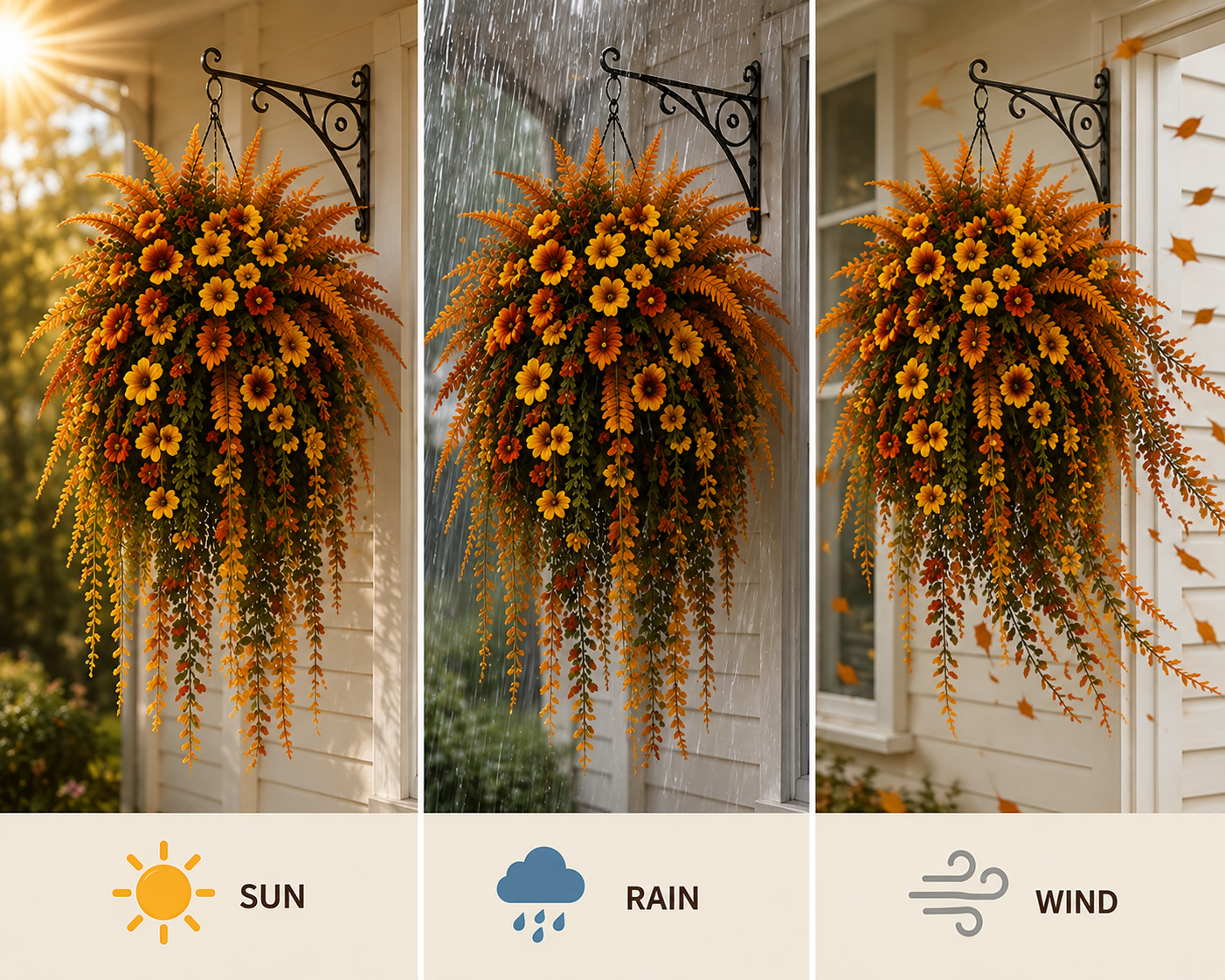 Outdoor durability graphic showing sunlight, rain, and wind around the artificial fall hanging basket