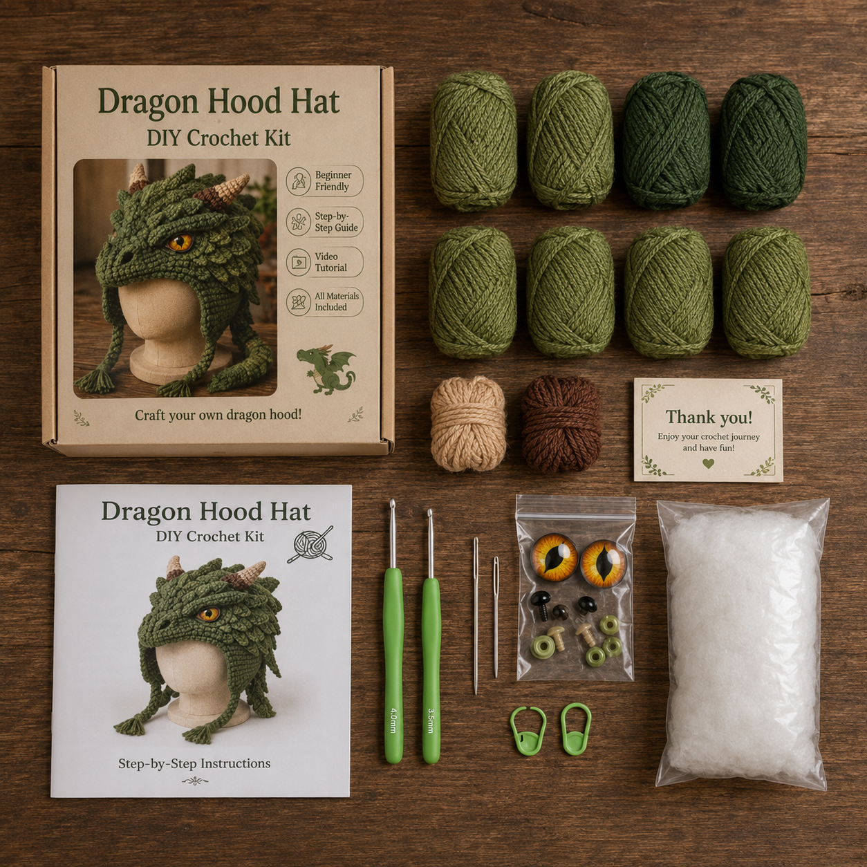 Suggested image: flat lay of the complete DIY crochet kit with yarn, crochet hook, needle, stuffing, decorative pieces, and instruction guide