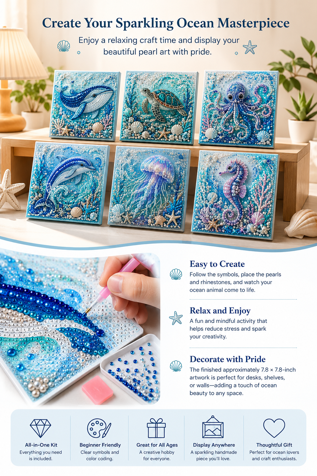 Finished ocean pearl artwork presented as a handmade gift or displayed in a coastal-style room