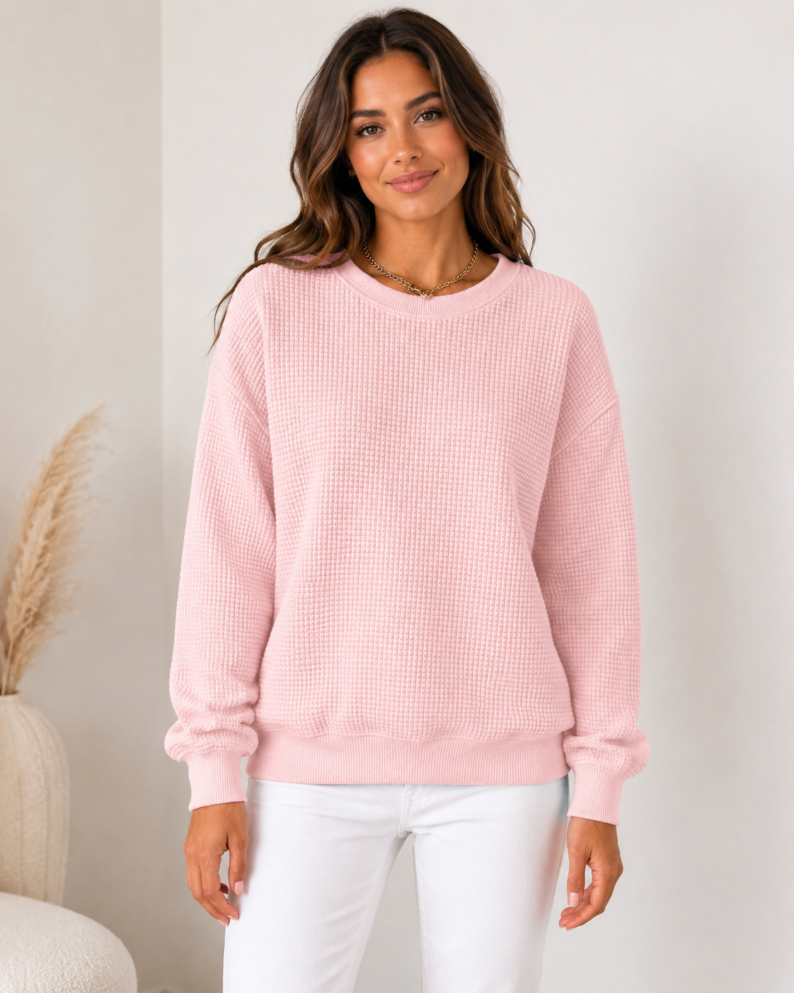 Suggested image: clean product-focused image of the Women&rsquo;s Waffle Knit Crewneck Sweatshirt showing the front silhouette and waffle texture