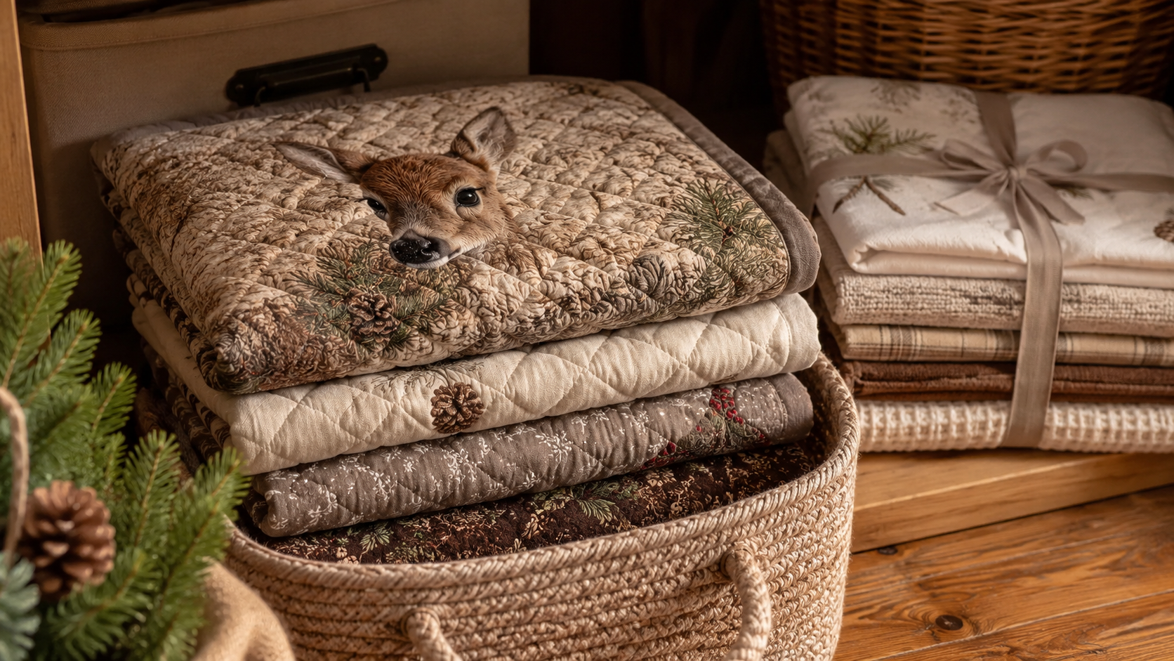 Suggested image: tree skirt being gently folded and stored with Christmas linens after seasonal cleaning
