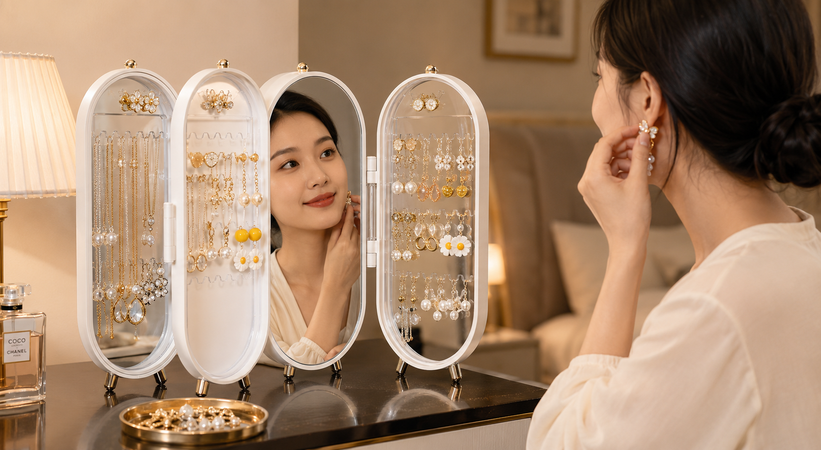 Suggested image: woman using the integrated mirror while trying on earrings beside the open organizer