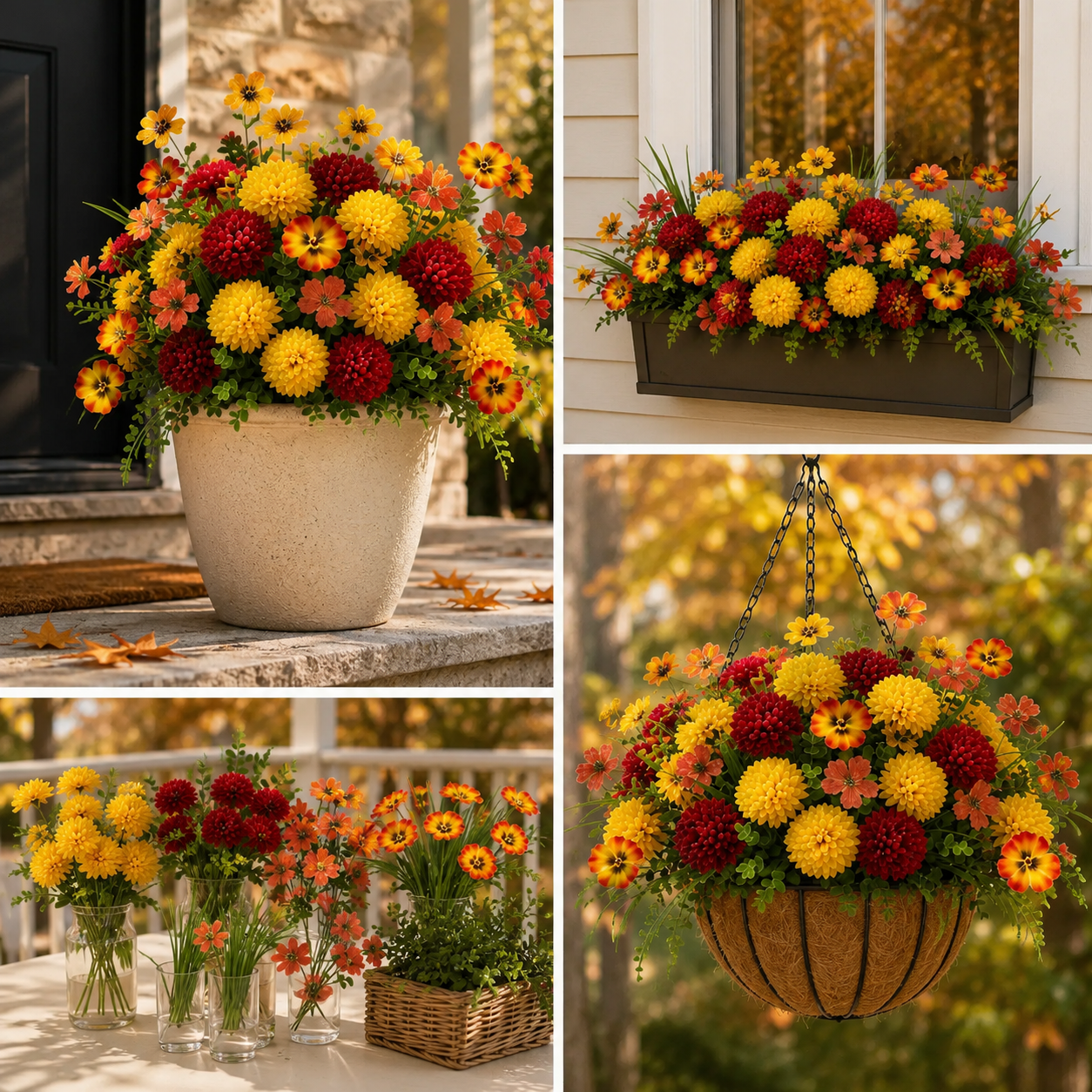 Image showing separate flower stems being mixed and arranged across planters, window boxes, and hanging baskets