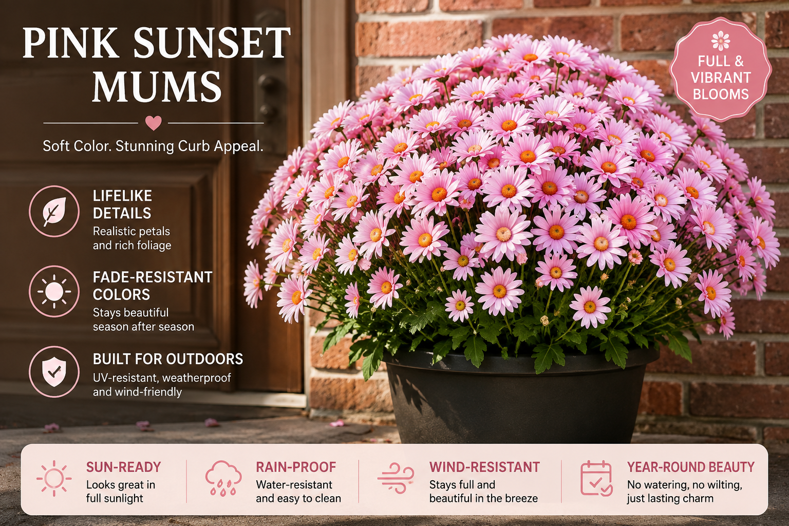 Outdoor durability graphic showing sunlight, rain, and wind icons around a vivid artificial mum planter