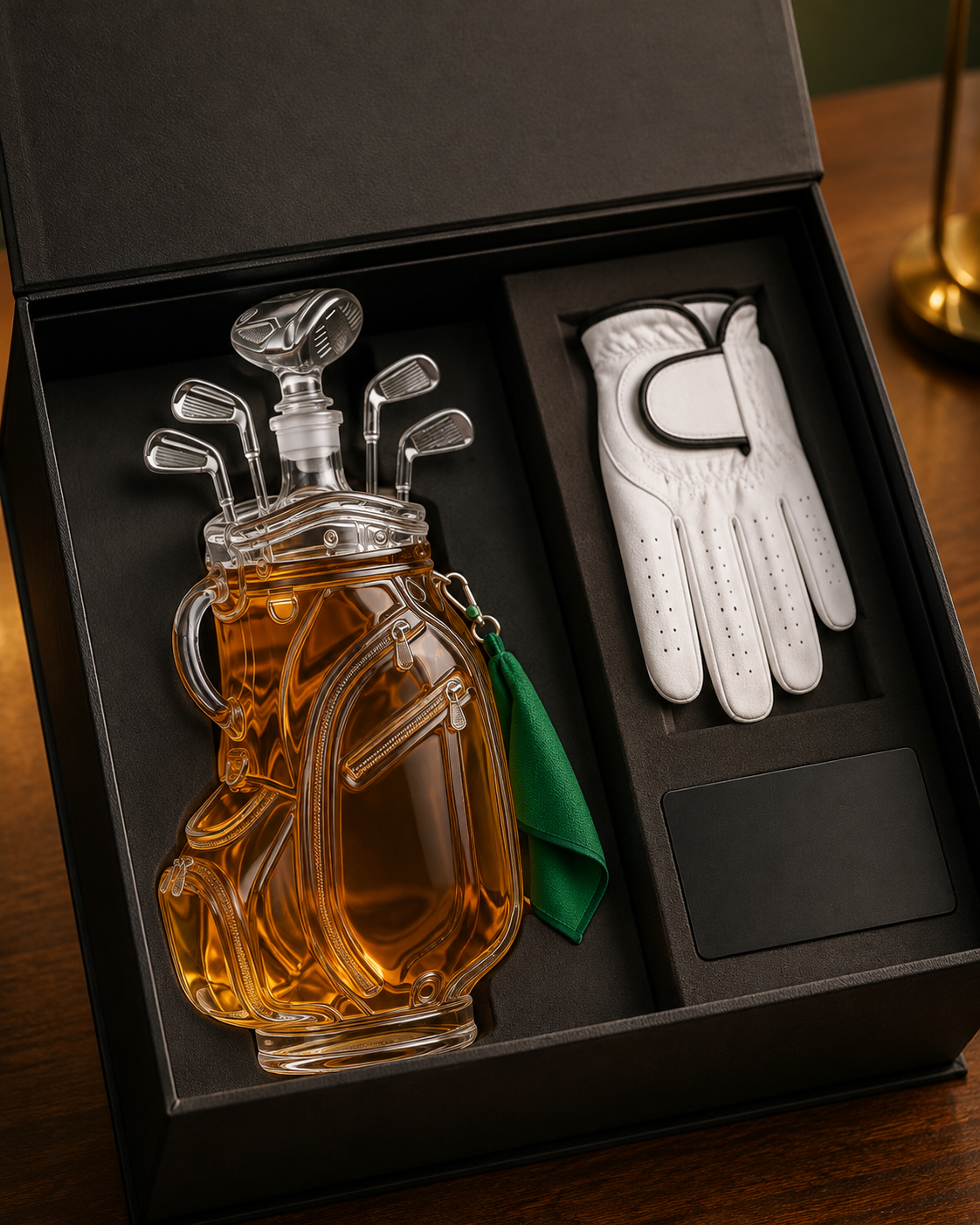 Suggested image: tasteful golfer gift presentation featuring the exact decanter, a blank gift card, a golf glove, and elegant neutral packaging with no promotional text