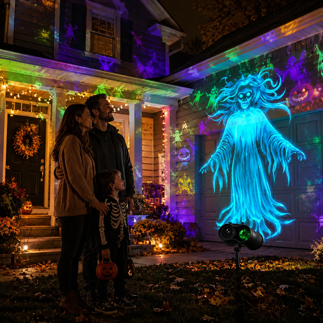 Image suggestion: family viewing a colorful Halloween projection across their front porch and garage on a cool autumn evening