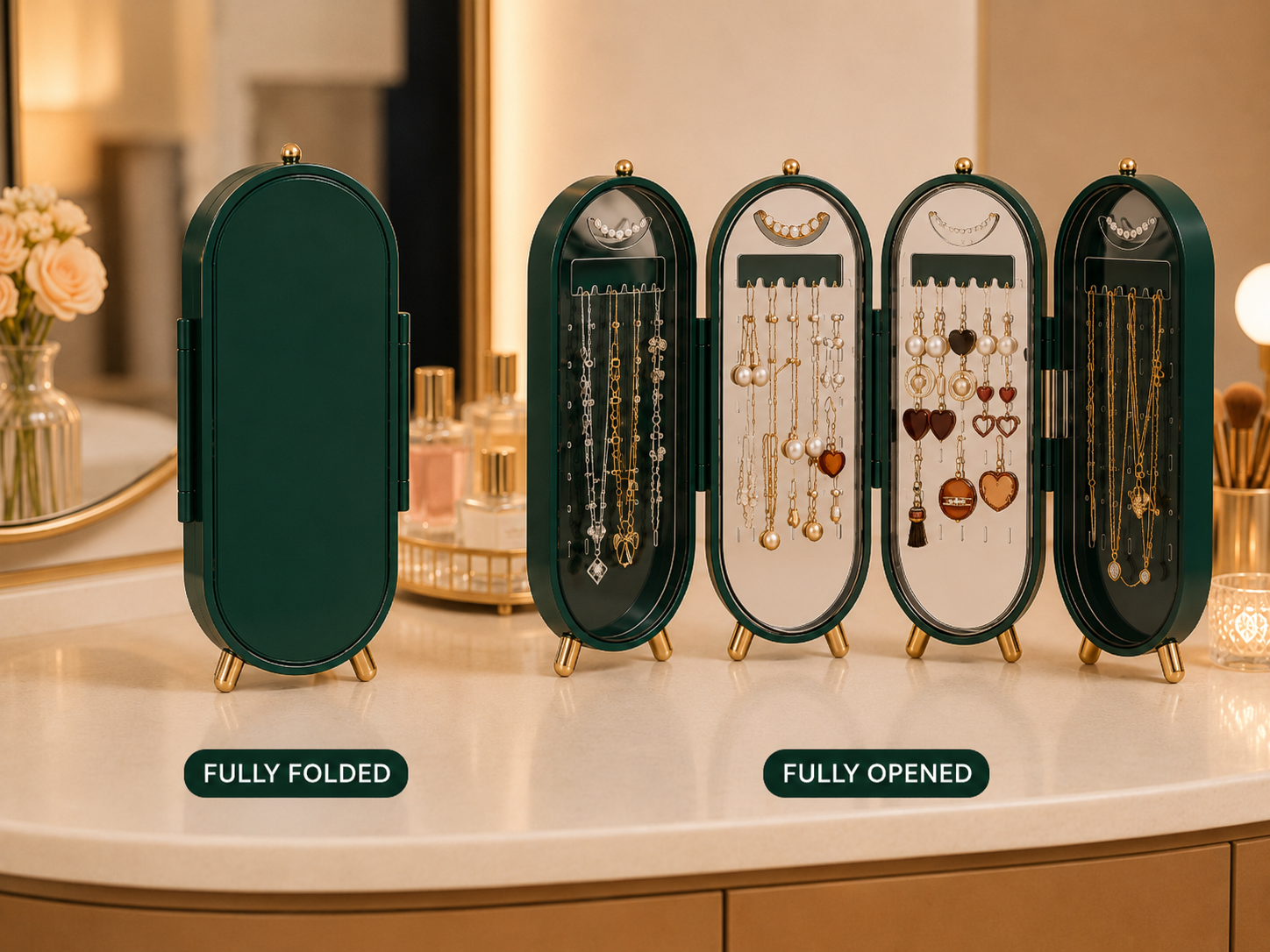Suggested image: front view comparing the jewelry organizer fully folded versus fully opened
