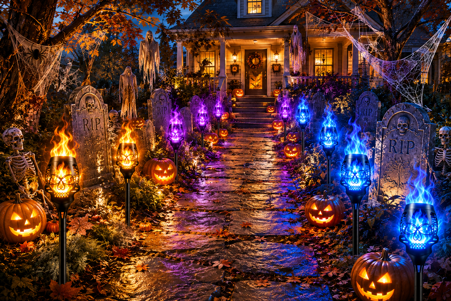 Suggested image: styled Halloween front-yard scene using low skull lights to illuminate tombstones, pumpkins, branches, and cobwebs from below