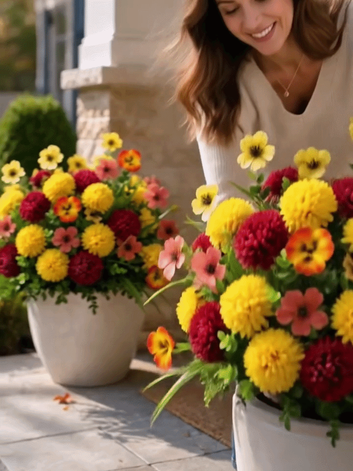 Happy homeowner beside a finished fall porch arrangement made with the artificial flower set
